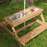 Kids Picnic Table, Sand And Water Table With Wooden Bench, Parasol, Storage Bins