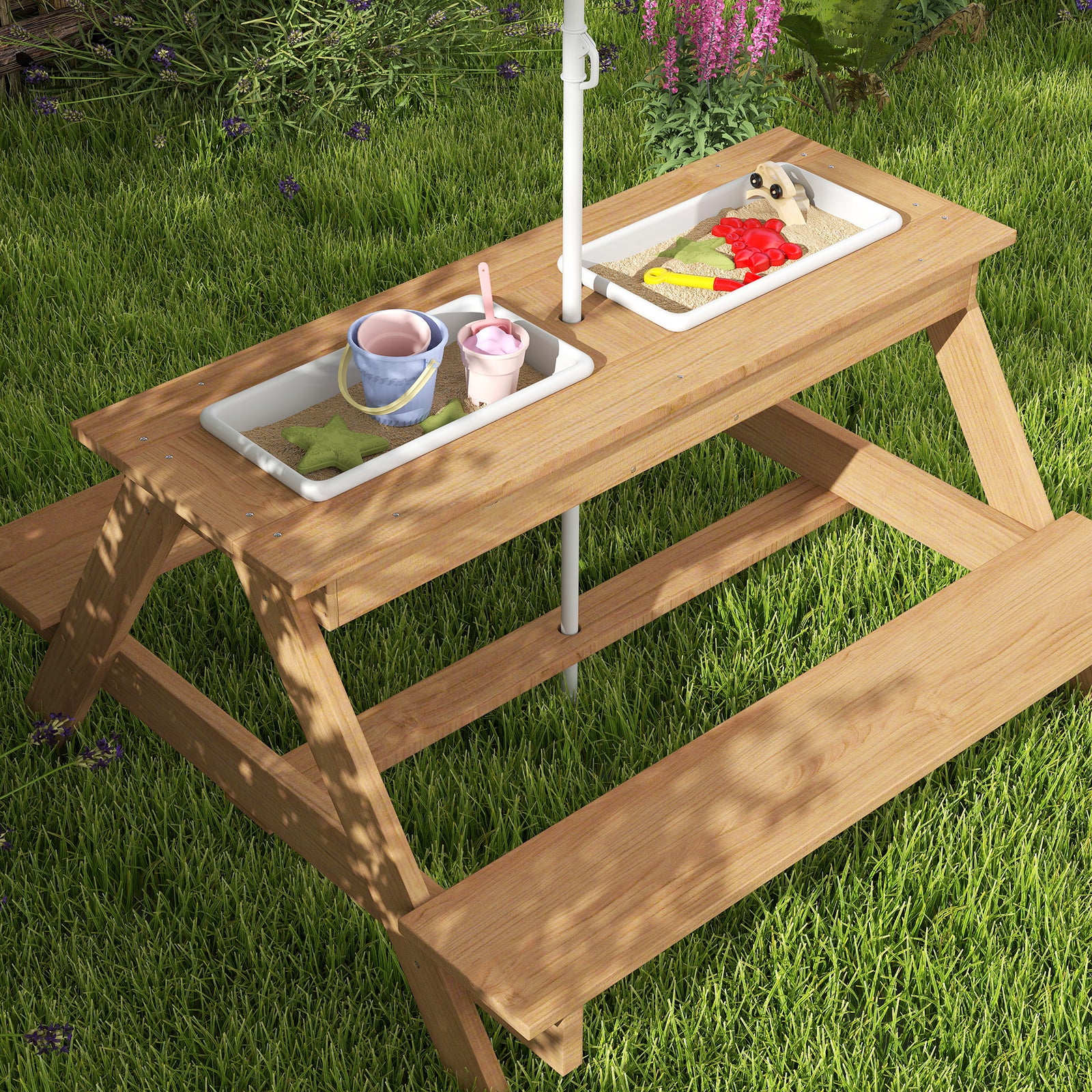 Kids Picnic Table, Sand And Water Table With Wooden Bench, Parasol, Storage Bins