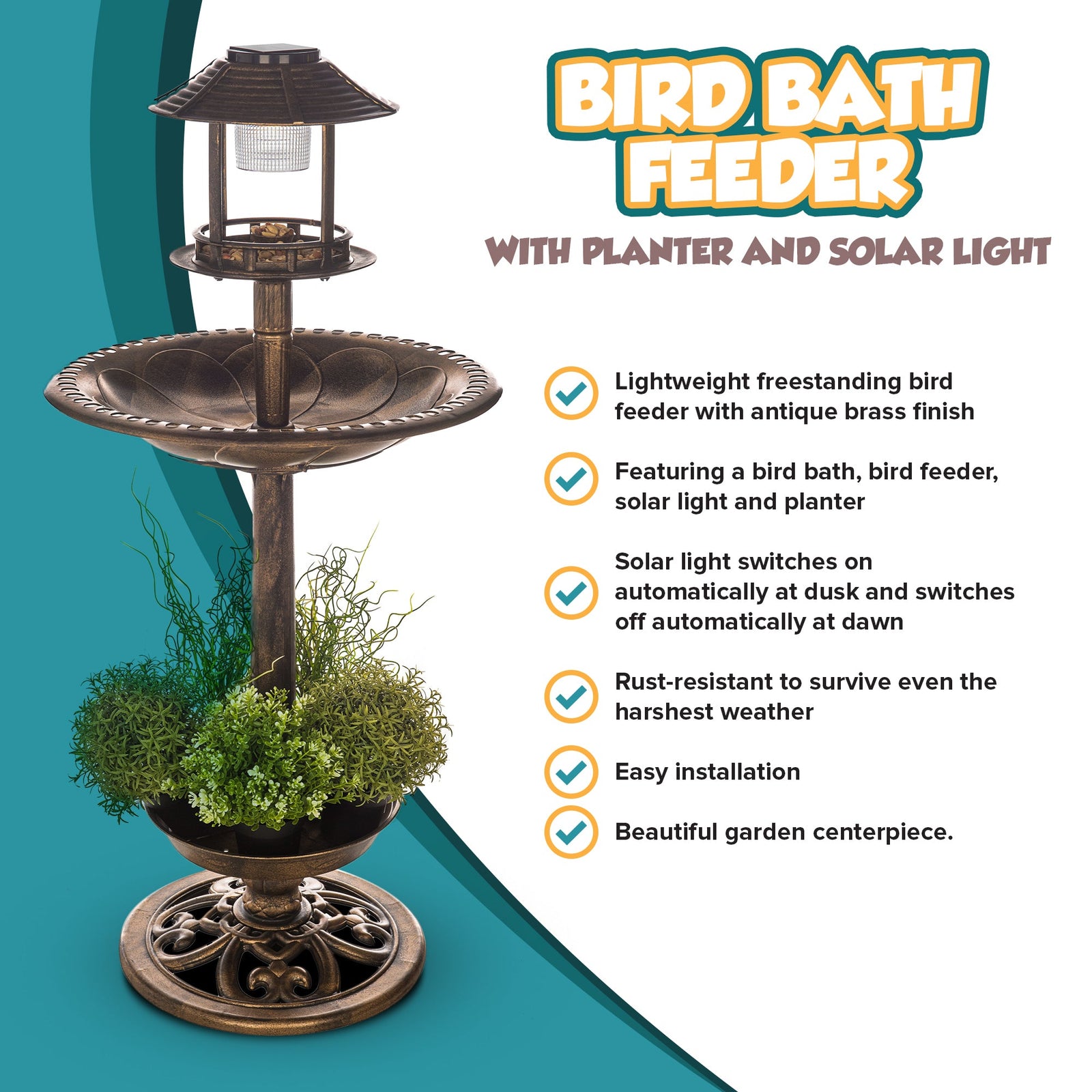 Bird Solar Light Bird Bath & Planter