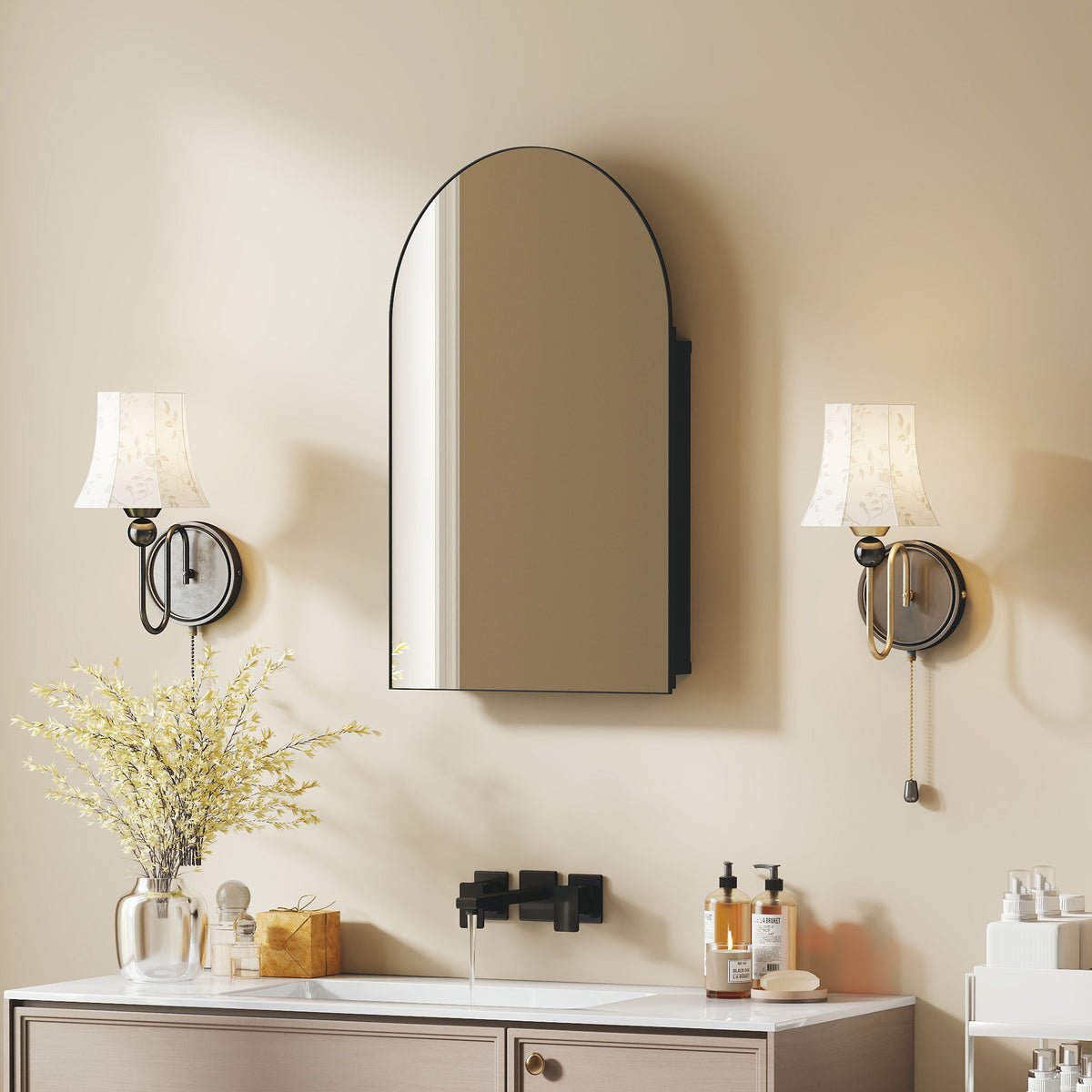 HOMCOM Bathroom Mirror Cabinet With Mirror Arched Wall Cabinet Black