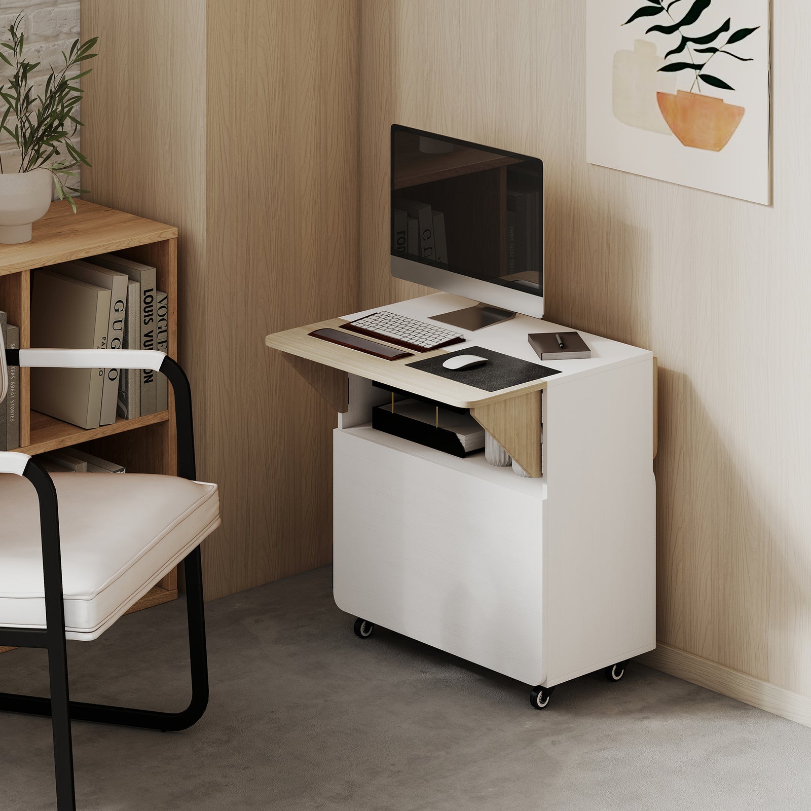 HOMCOM Folding Dining Table, Rolling Drop Leaf Table With Hidden Shelf