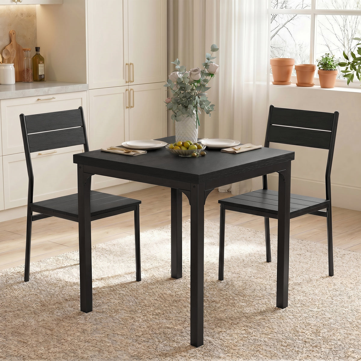 3 Pcs Compact Dining Table 2 Chairs Set | Black