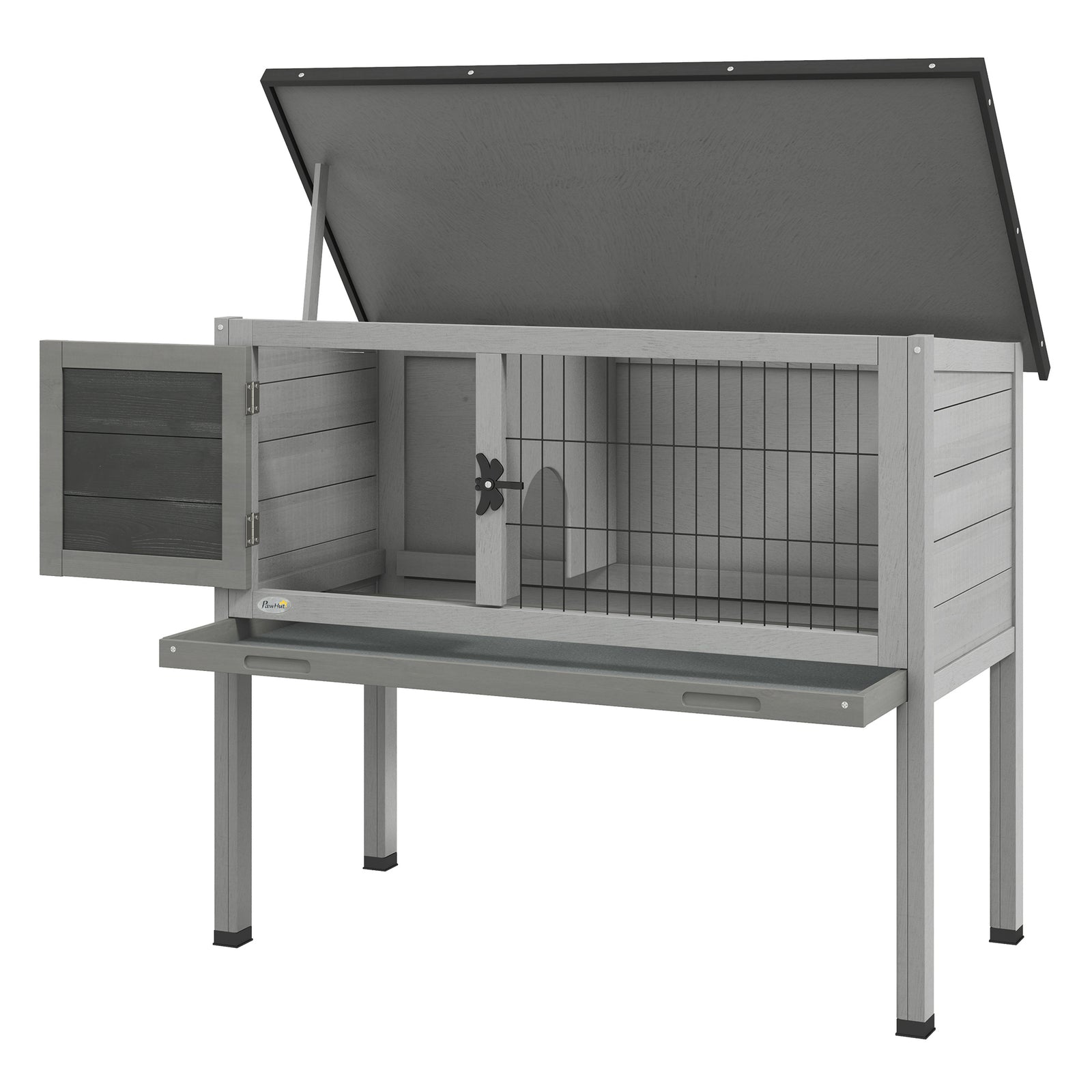 Large Elevated Indoor Outdoor Wooden Rabbit Hutch W/ Asphalt Roof, Tray | Gray