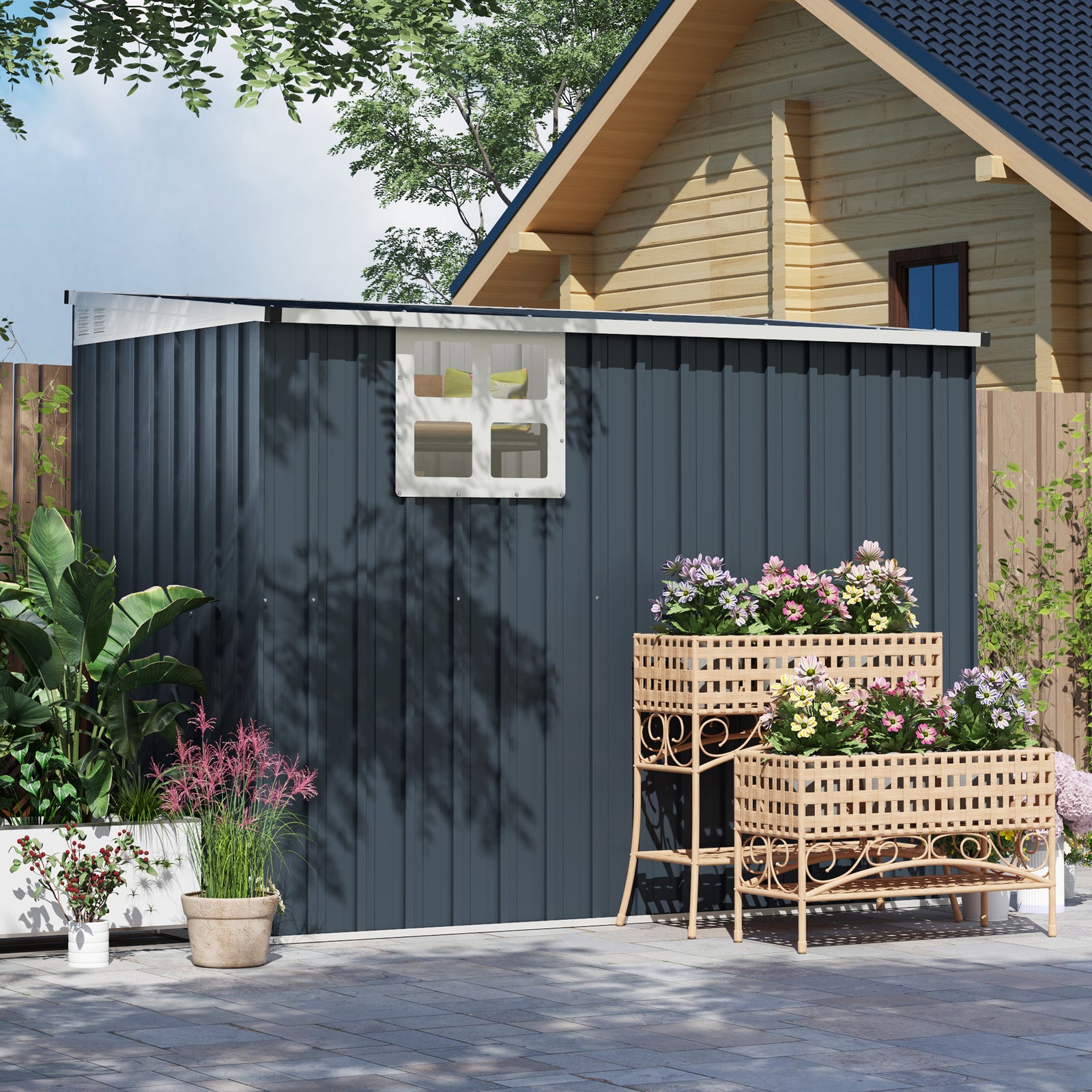 7.6 X 4ft Outdoor Garden Storage Shed With Window | Dark Grey