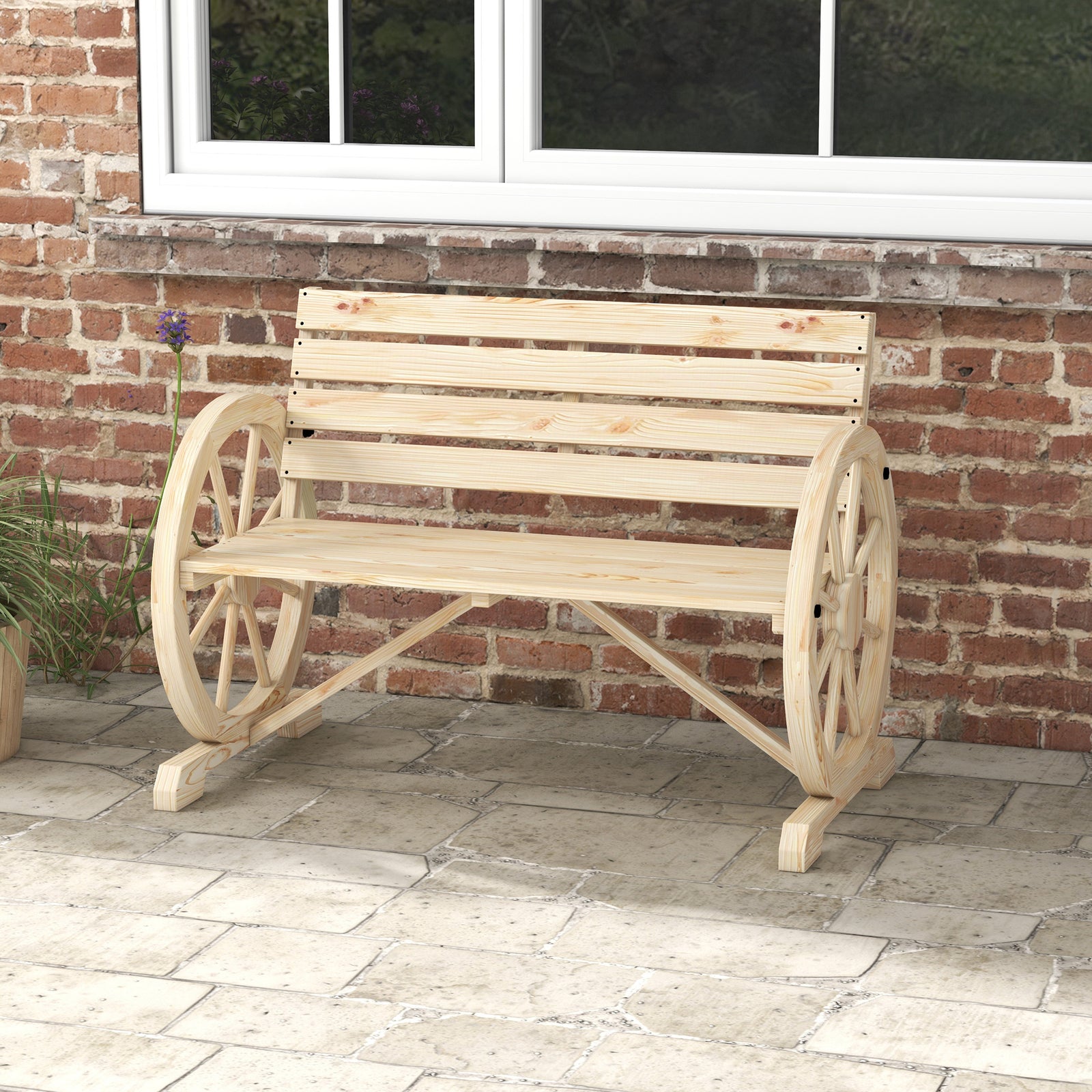 2 Seater Garden Bench W/ Wooden Cart Wagon Wheel Natural