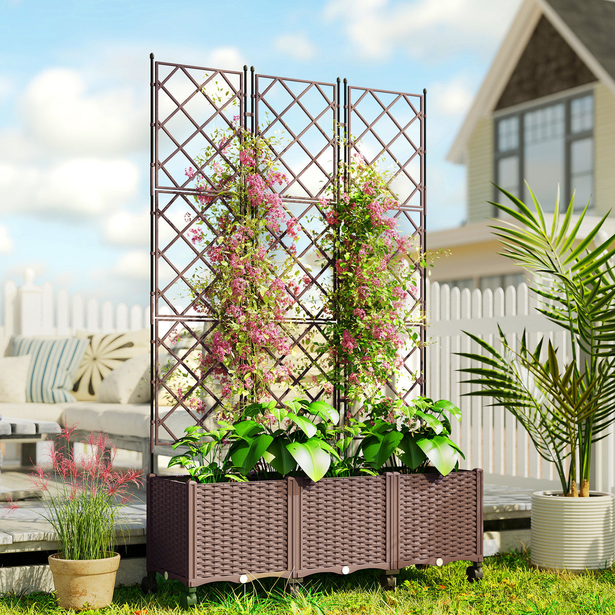 Outsunny Plastic Raised Planter With Trellis And Self Watering Design