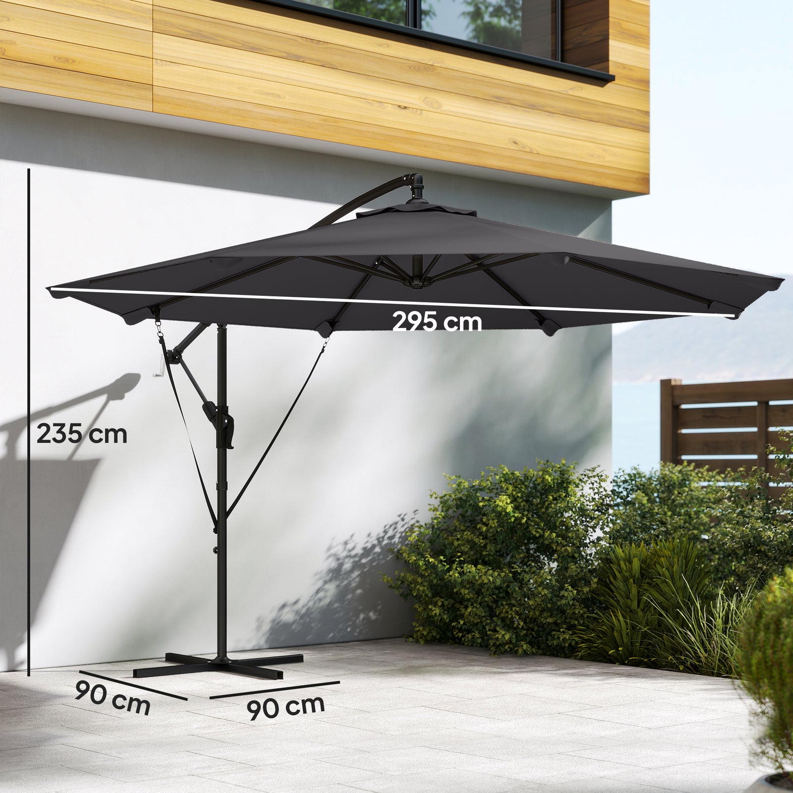 3 M Cantilever Parasol, Offset Umbrella With Cover And Wind Ropes | Black