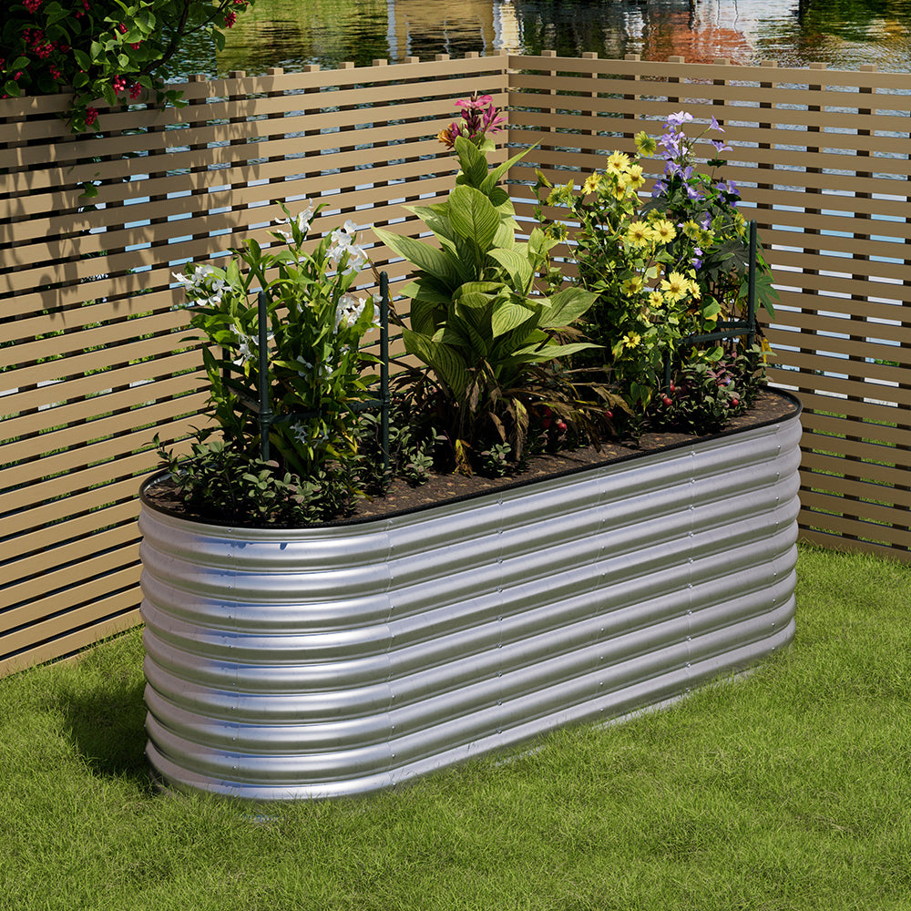 160/240/320cm W X 80cm D X 80cm Height Gardens Plan Oval-shaped Galvanized Steel Raised Garden Bed With Safety Edging & Ground Stakes | Medium | Galvanized Silver