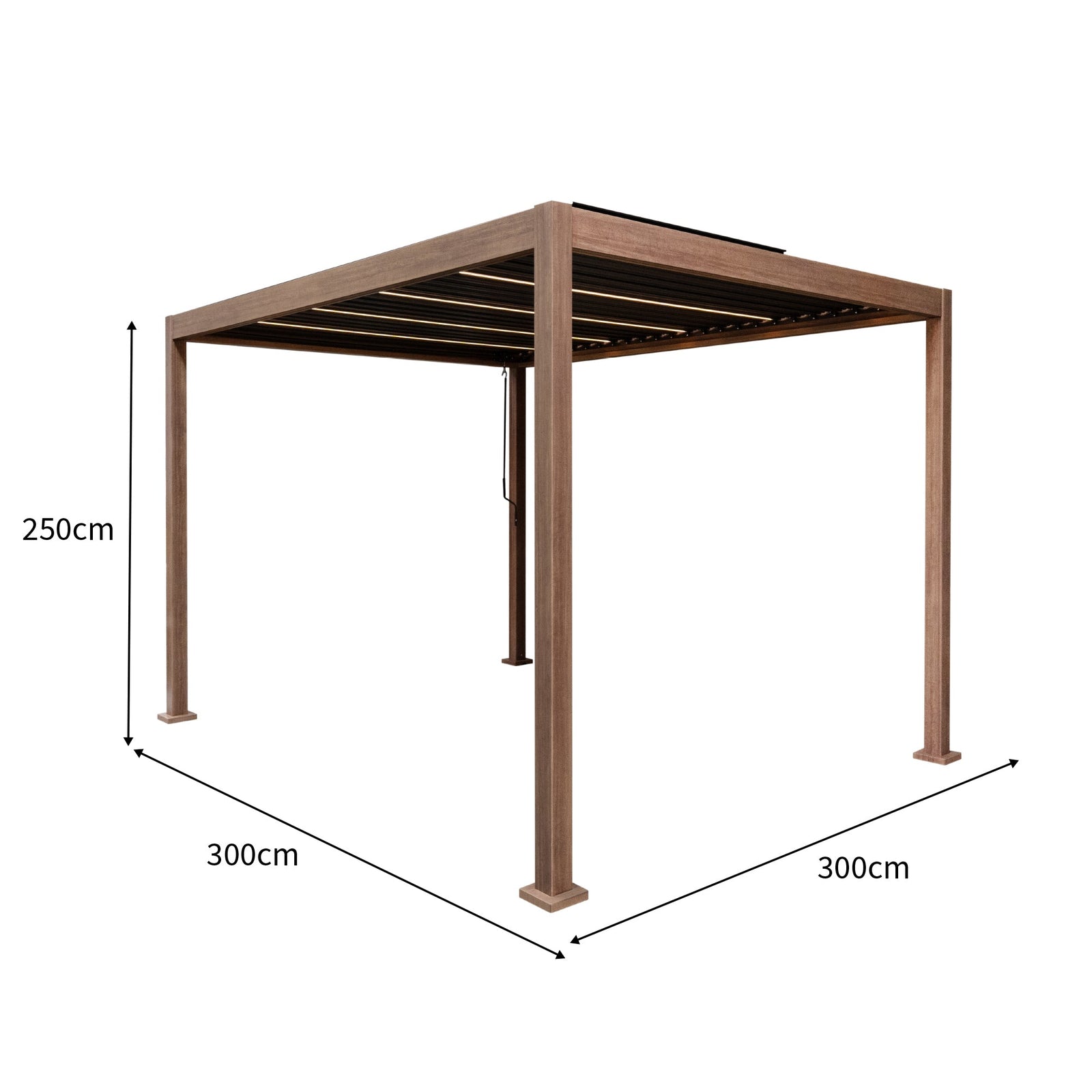 Wood Effect Aluminium Pergola With Led Lights | 3m x 3m | Brown