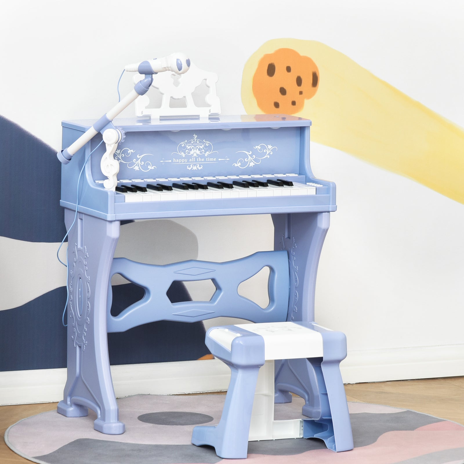 37 Key Keyboard Battery Piano Kids Microphone Stool Educational Game | Blue