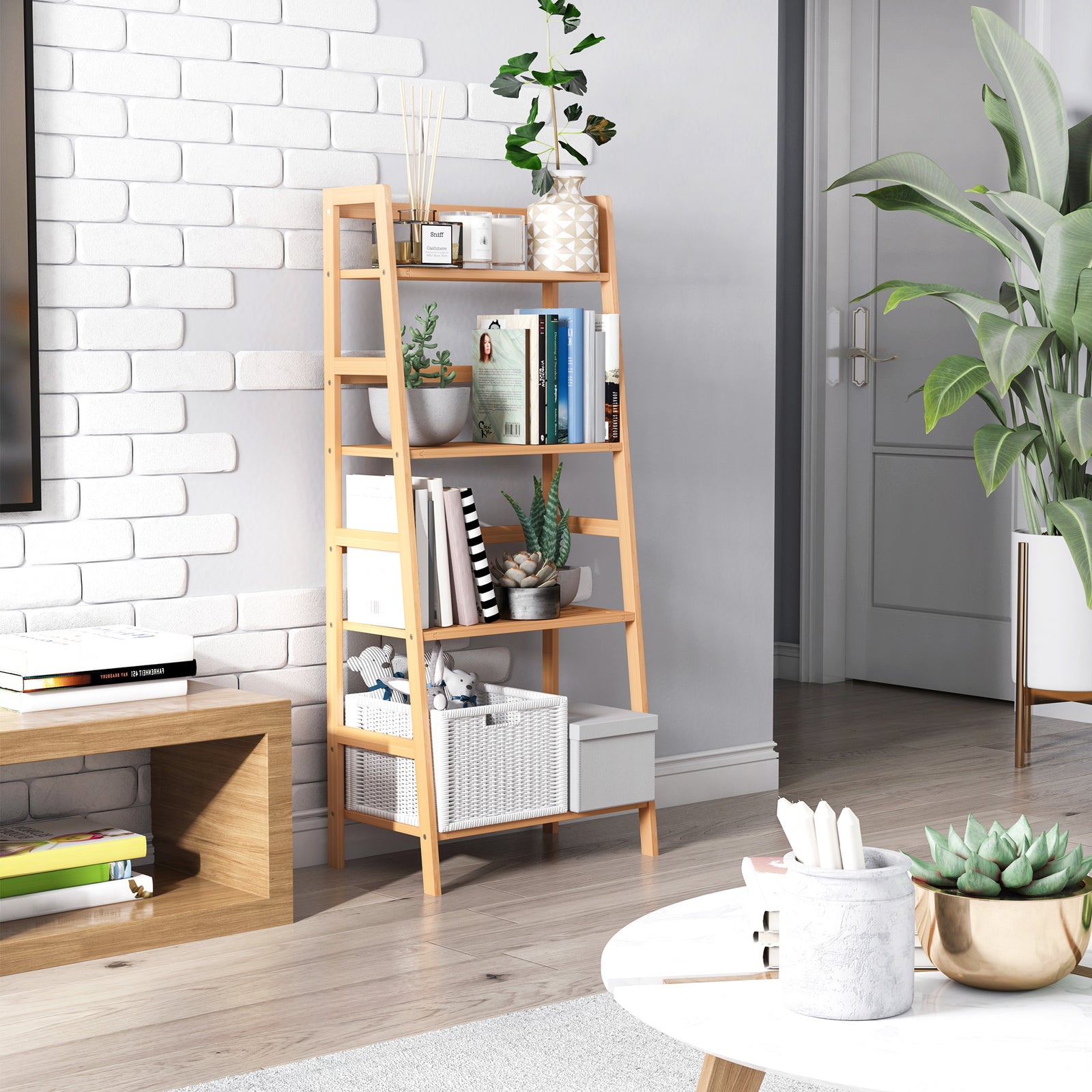 4-tier Ladder Bookcase Utility Shelf Diy Holder Bamboo