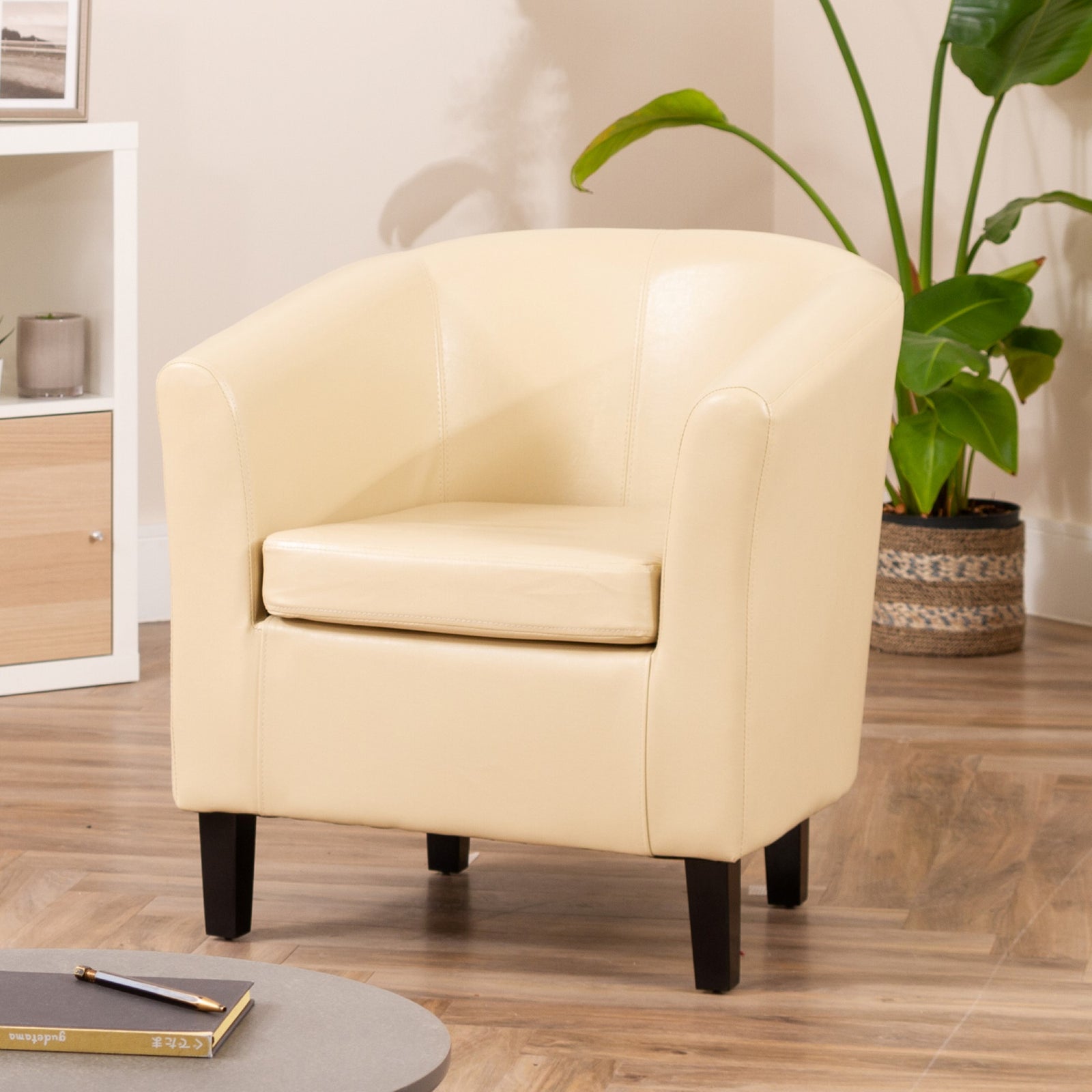 Meriden 68cm Wide Pu Vegan Leather Accent Tub Chair Supplied With Both Light And Dark Wooden Legs | Cream