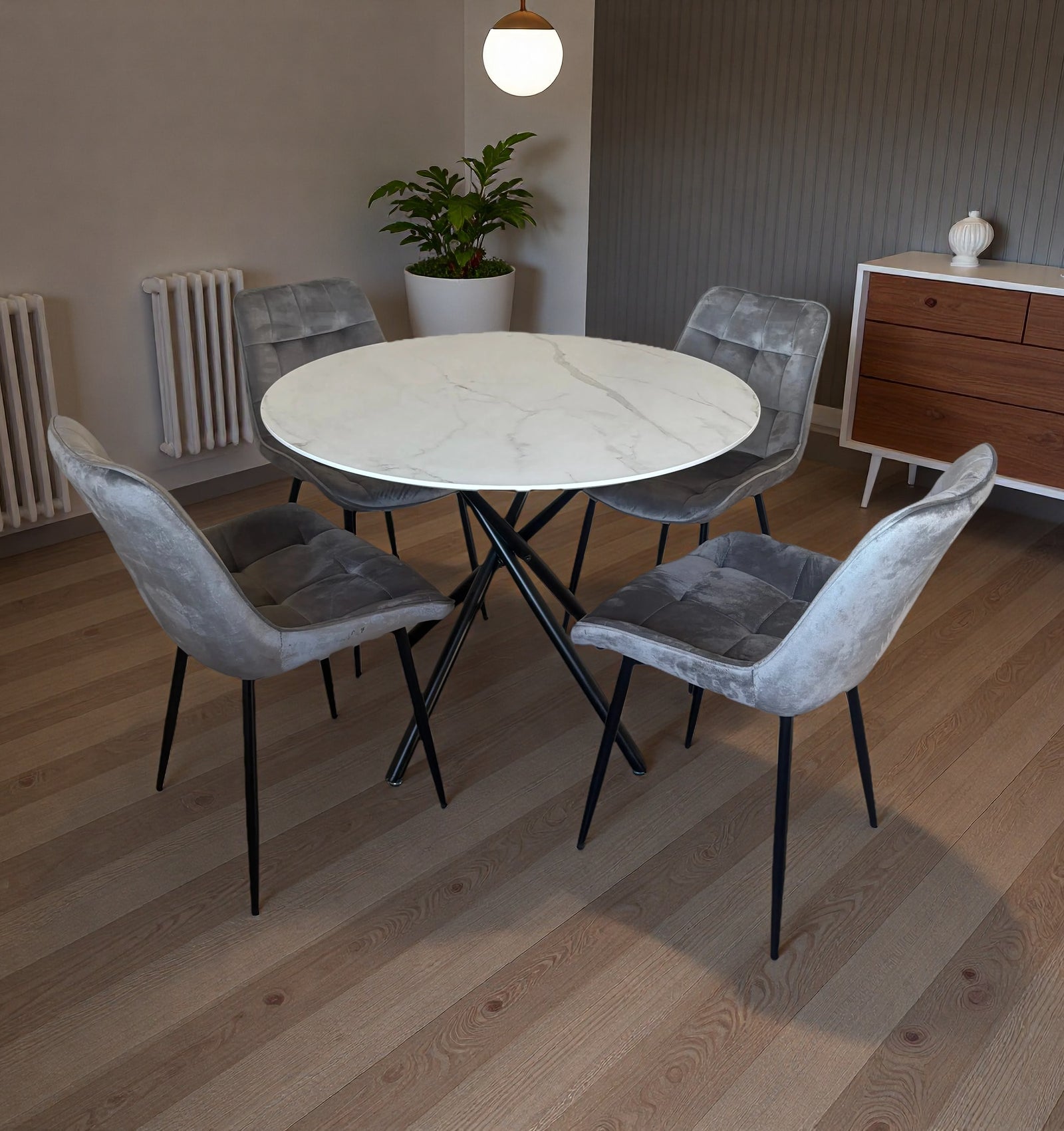 Seattle Dining Table With 4 Erica Velvet Chairs | Grey