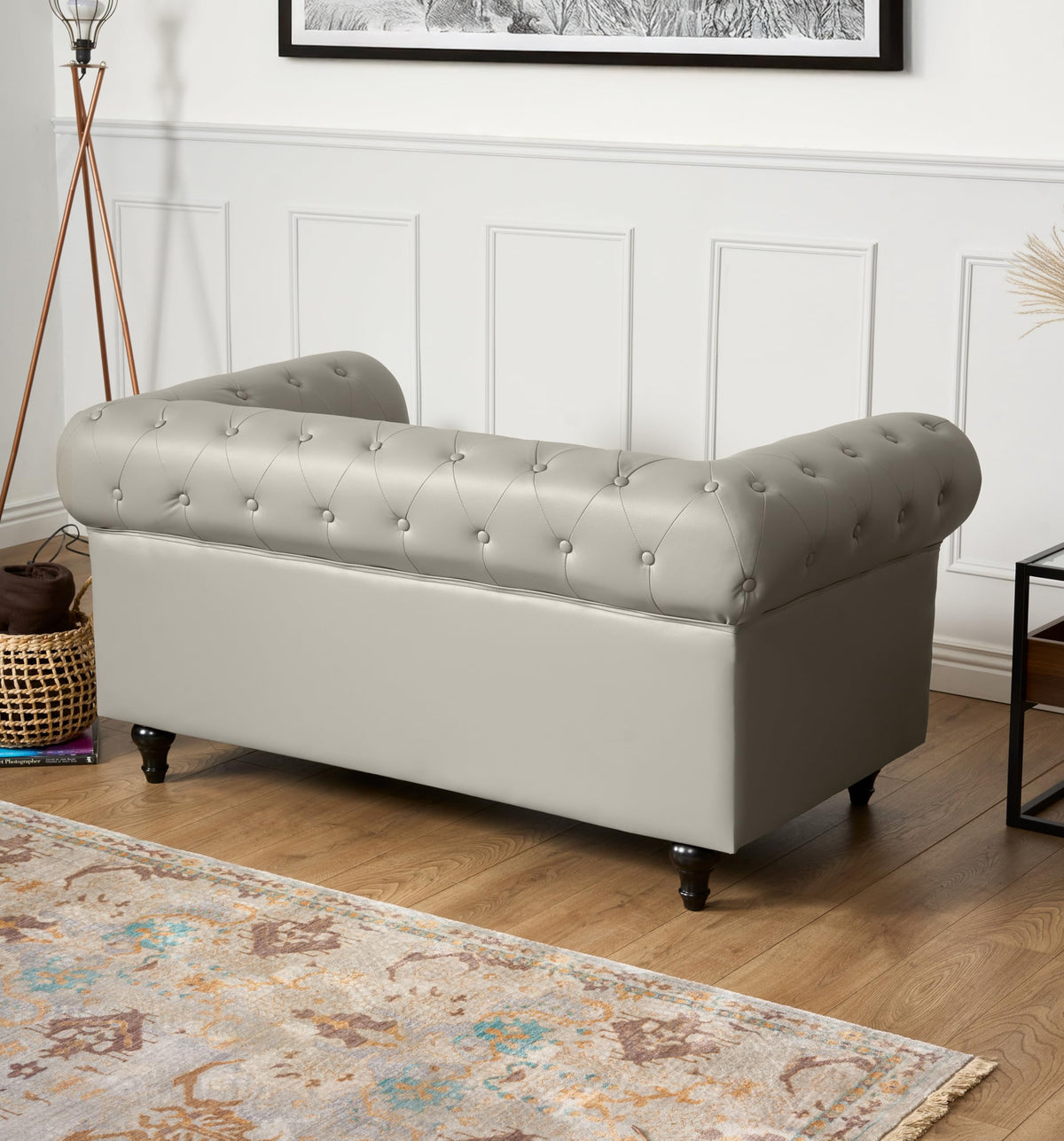 Chesterfield Scroll Arm Faux Leather Sofa 2 Seater | Grey