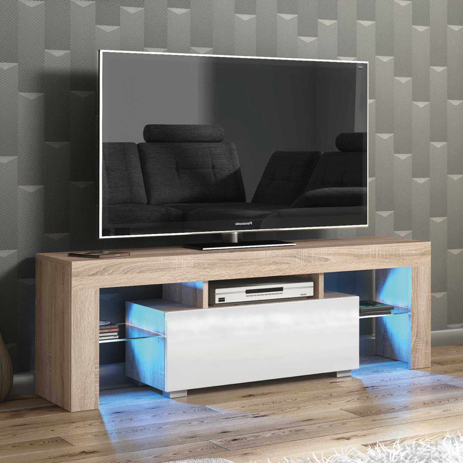Floe Tv Unit 130cm With Led Lights | Natural Oak