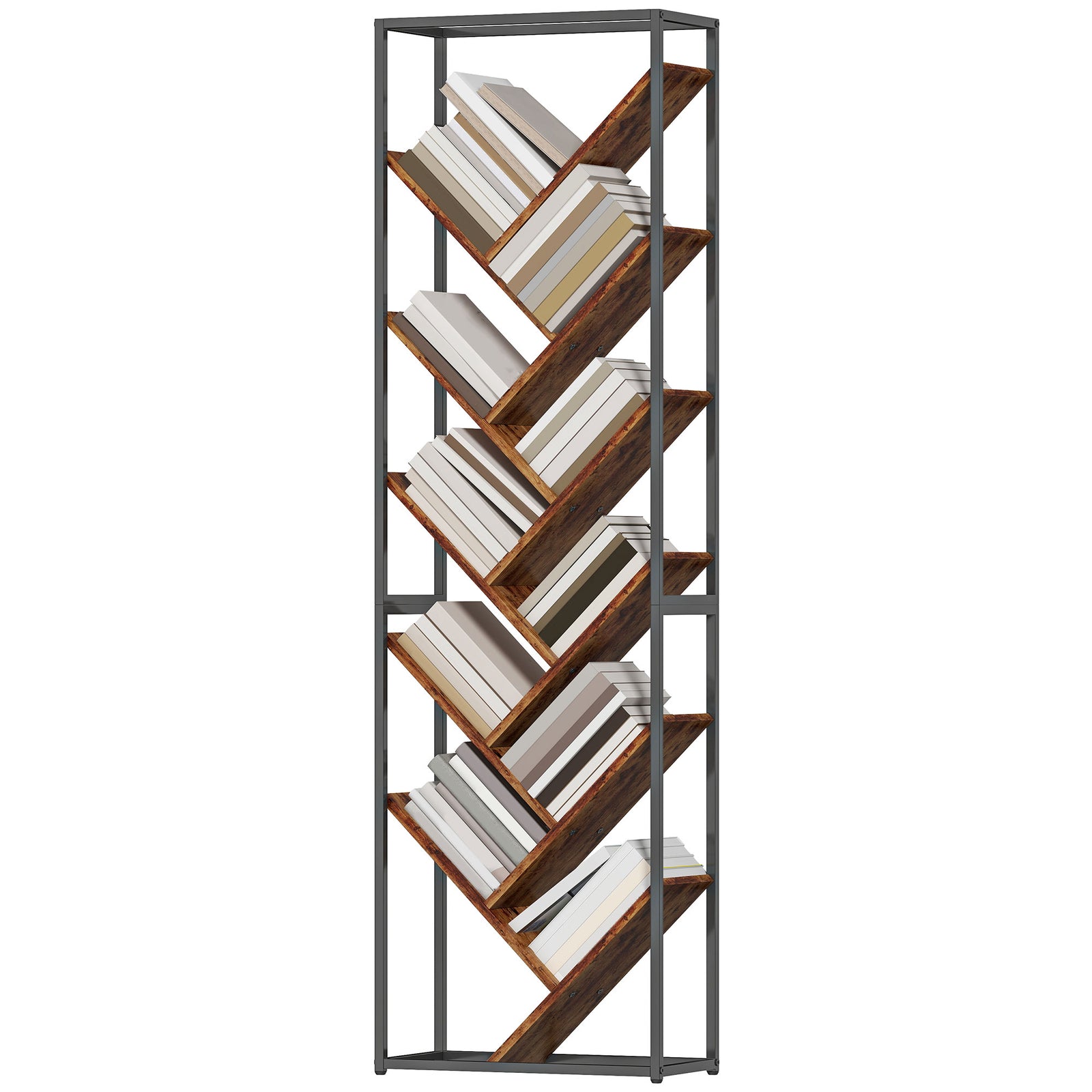 10 Tier Tree Bookshelf Industrial Tall Bookcase | Rustic Brown
