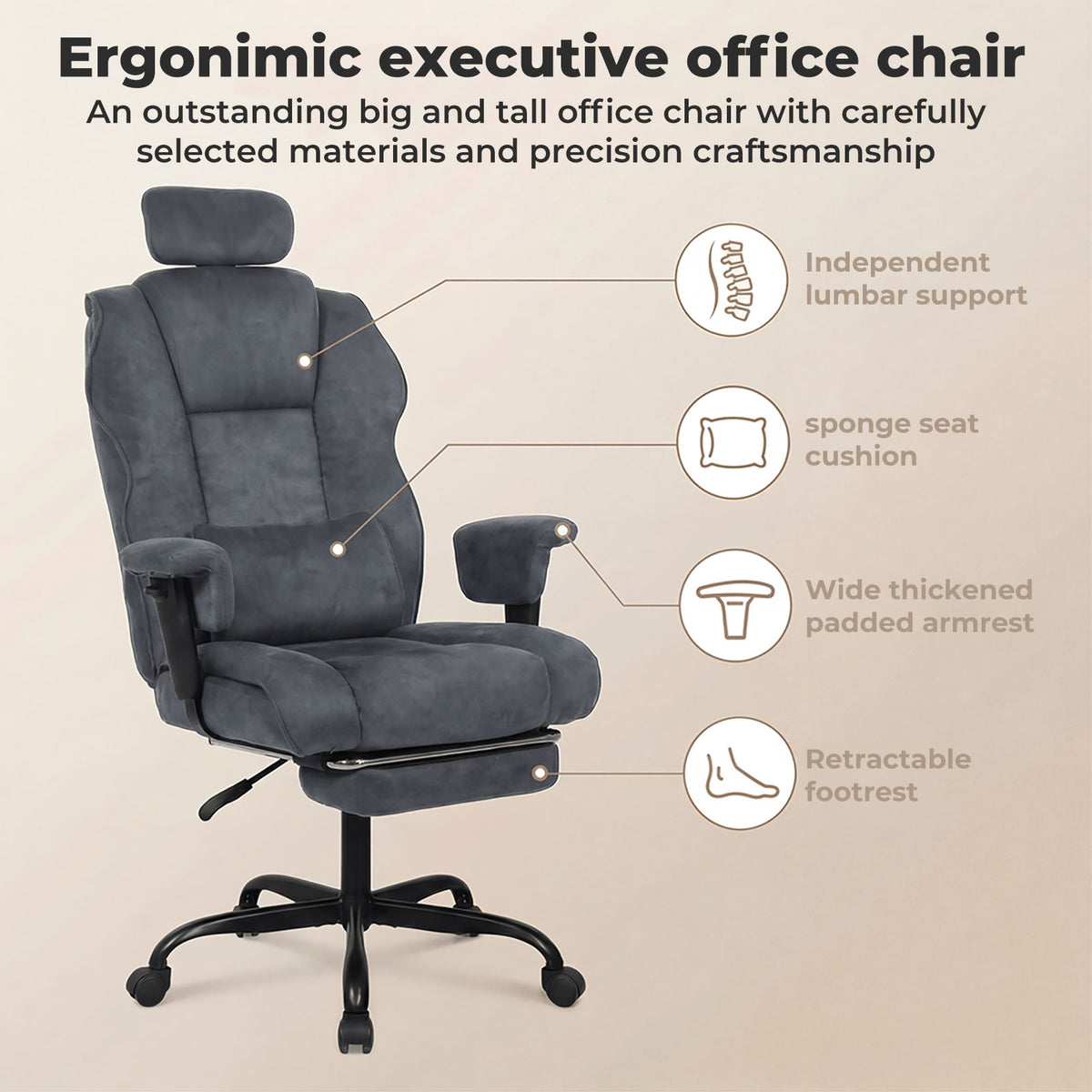 Ergonomic Office Chair Suede Fabric Wide Seat 155° Recline Footrest | Grey