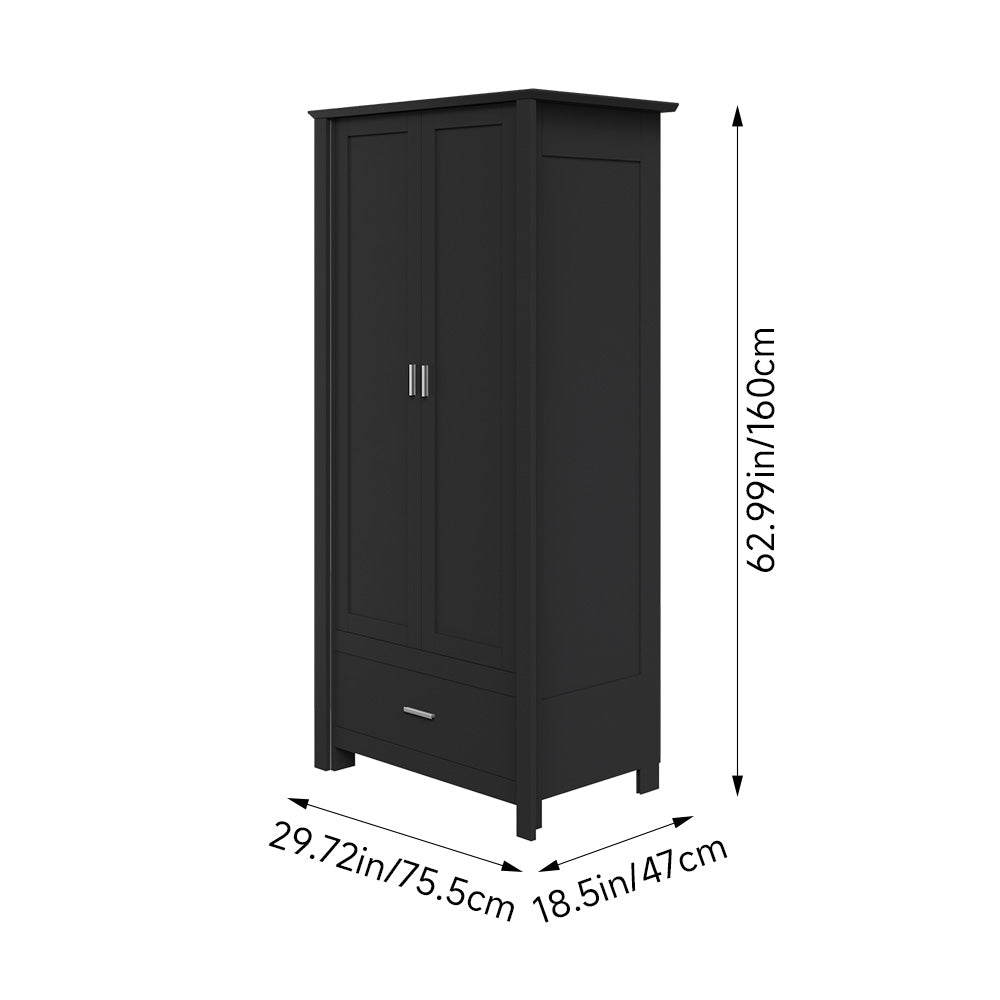 Modern Double-door Wardrobe With Drawer & Hanging Rail | Black