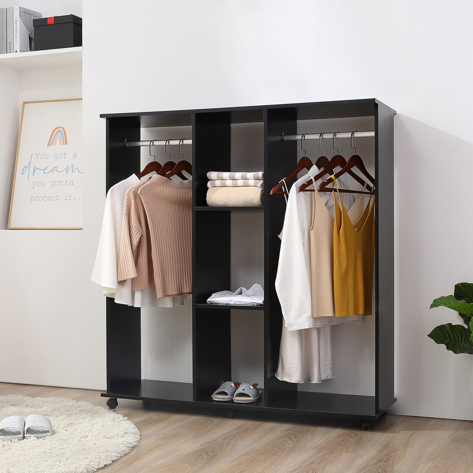 Mobile Double Open Wardrobe W/ Clothes Hanging Rail Colthing | One Size | Black