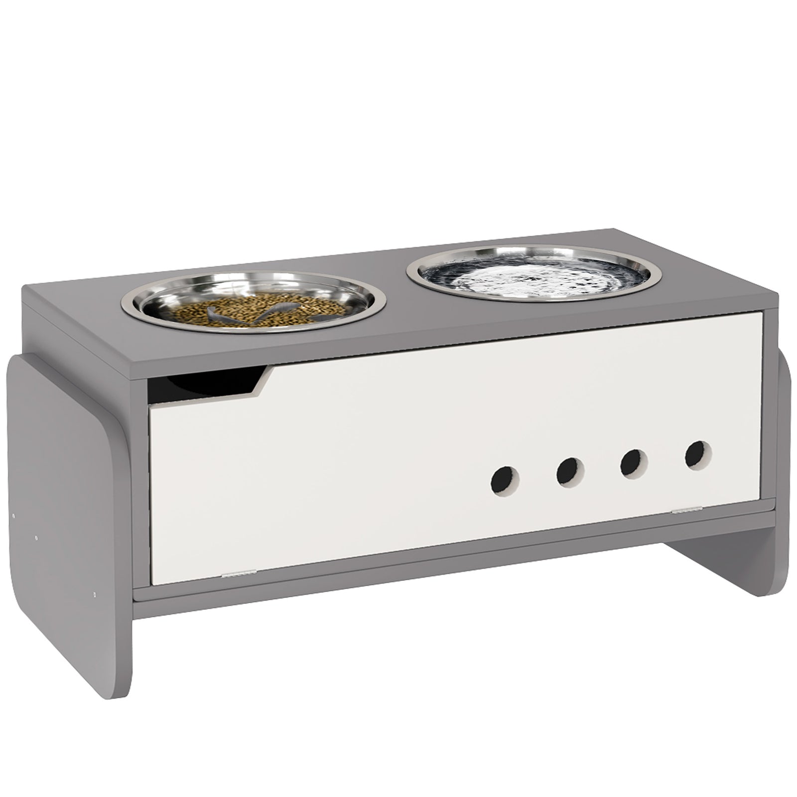 Height Adjustable Dog Feeding Storage W/ 2 Stainless Steel Bowls
