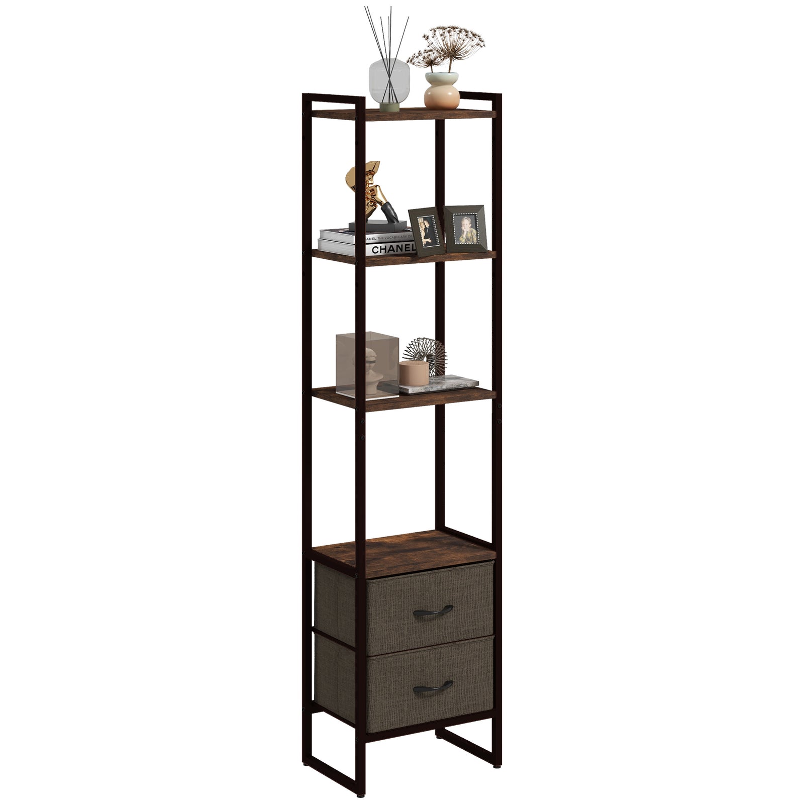 4-tier Bookshelf Bookcase With 2 Fabric Drawers