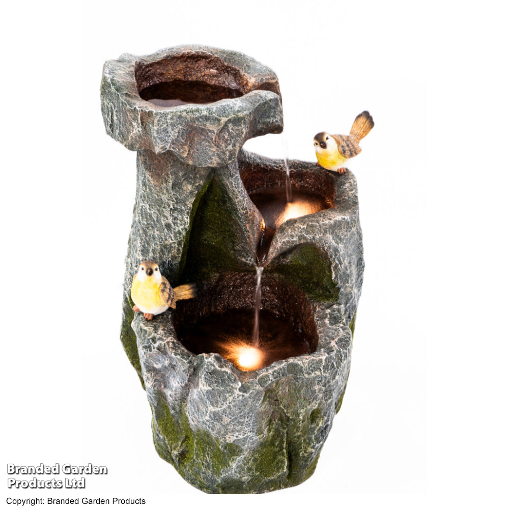 Cascading Rock Water Feature With Two Birds