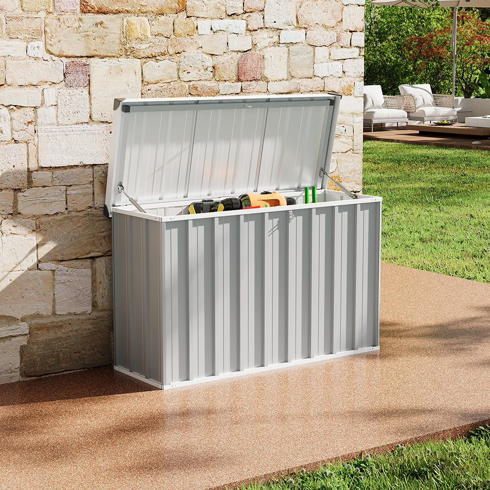 320l Outdoor Storage Box With Metal Frame – Weatherproof Garden & Patio Storage For Tools, Cushions, With Combination Lock | Light Grey