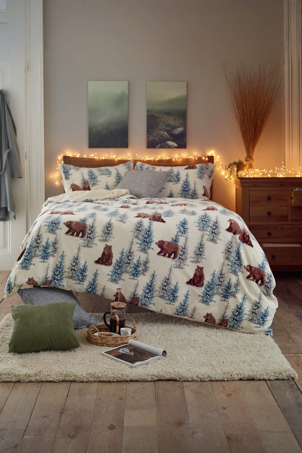 Winter Bears Fleece Duvet Cover Set With Sherpa Reverse – Soft And Warm Woodland Bedding | King | Multi