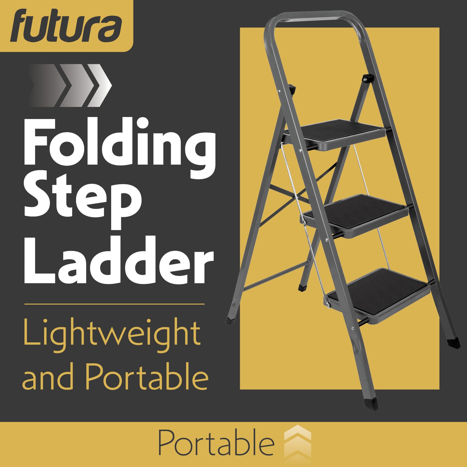 3 Step Ladder, Heavy-duty Steel Folding Home Diy Step Stool With Wide Non-slip Steps & Anti Slip Feet 150kg Capacity | 3 Step | Grey