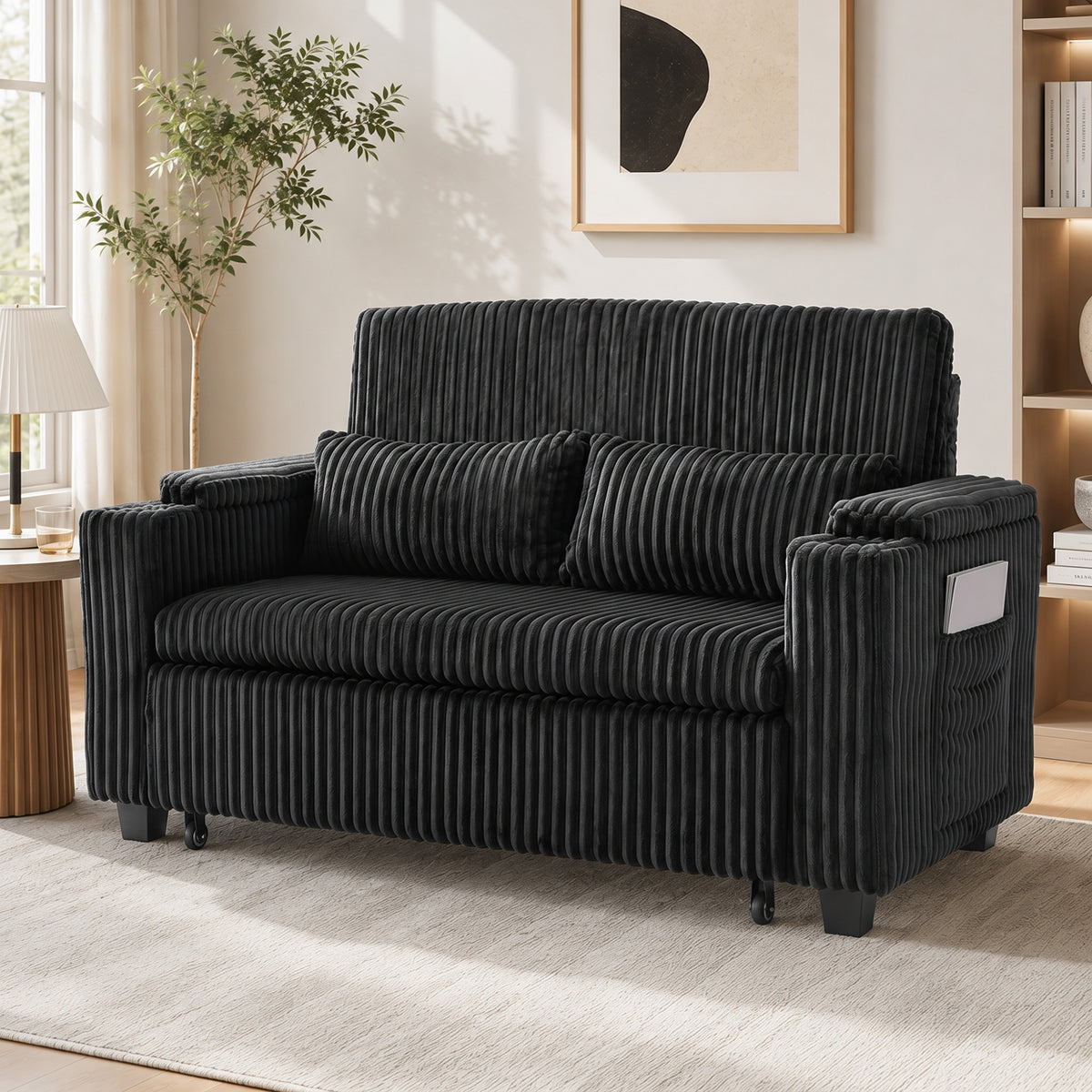 2 Seater Sofa Bed, 3-in-1 Corduroy Pull Out Sleeper Sofa | Black