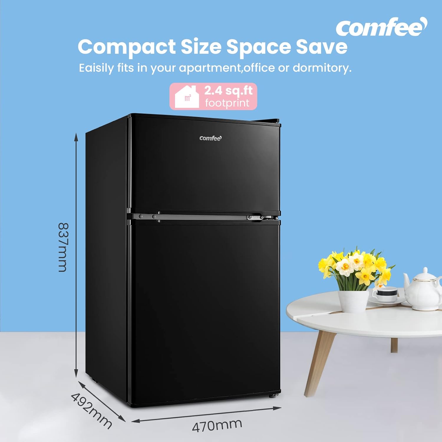 87l Mini Fridge Freezer, 2-door Refrigerator With Led Light, Shelves, Drawer & Adjustable Thermostat | Black
