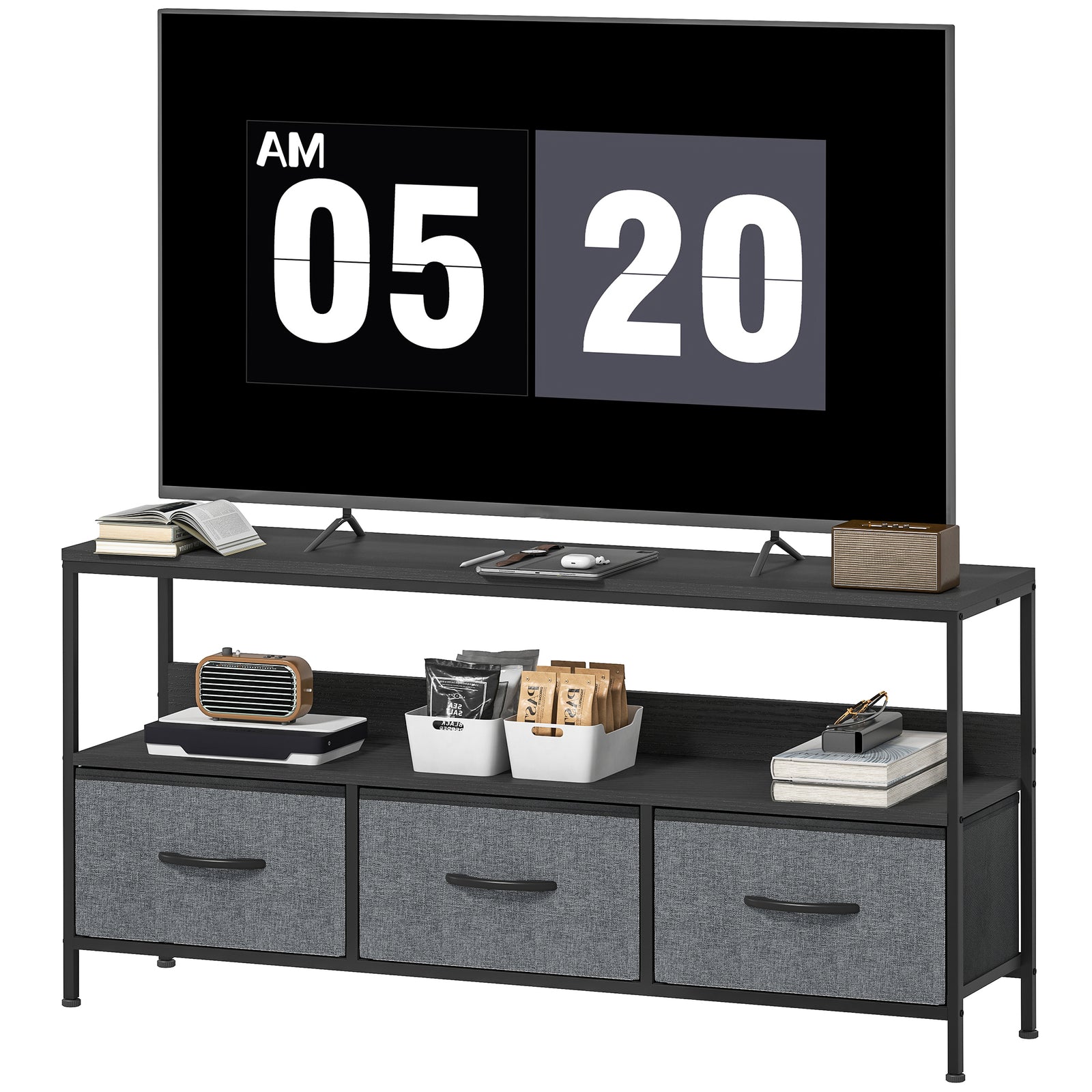 Tv Cabinet, Tv Console Unit With 3 Foldable Linen Drawers | Black