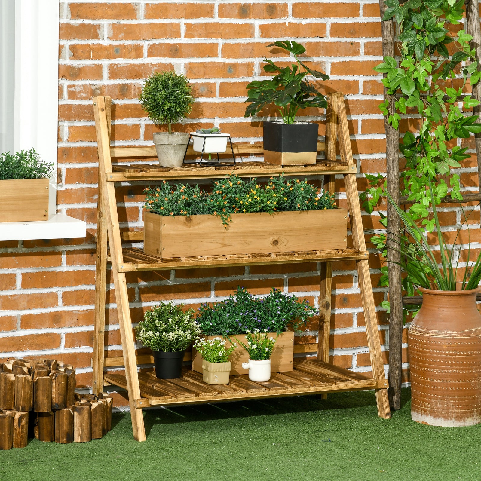 Flower Stand Plant Display Rack 3-tier Foldable Wood Garden | Large | Brown
