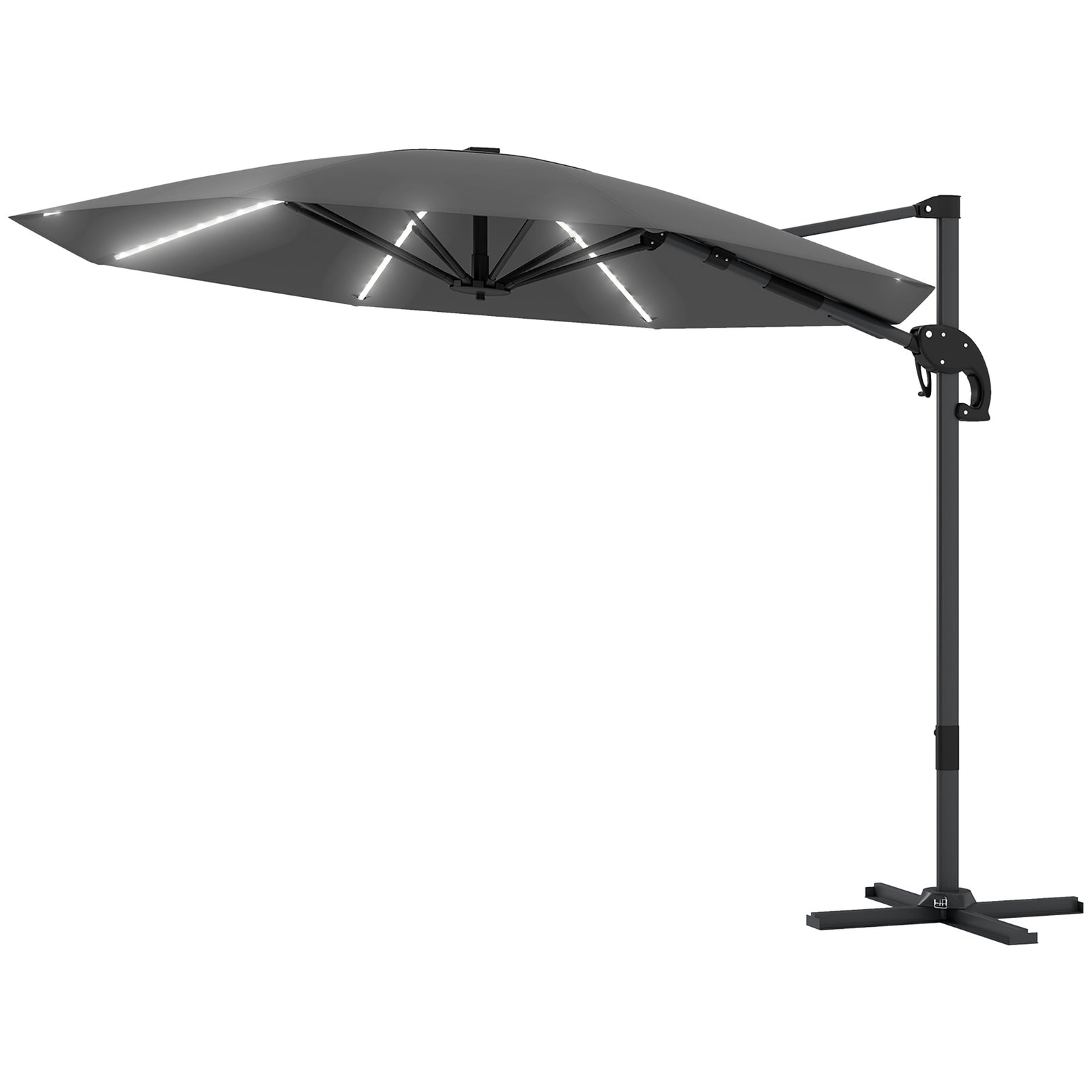 3(m) Garden Parasol W/ Lights, Crank Handle & Cross Base | Dark Gray