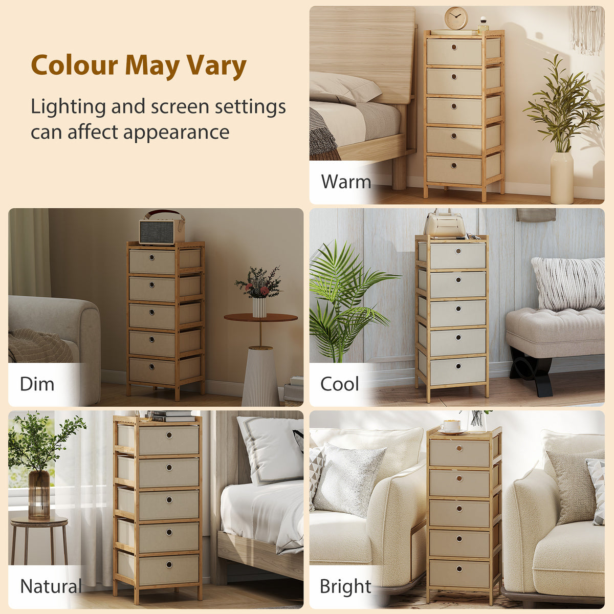 HOMCOM Chest Of Drawers, 5 Drawers Dresser With Bamboo Frame