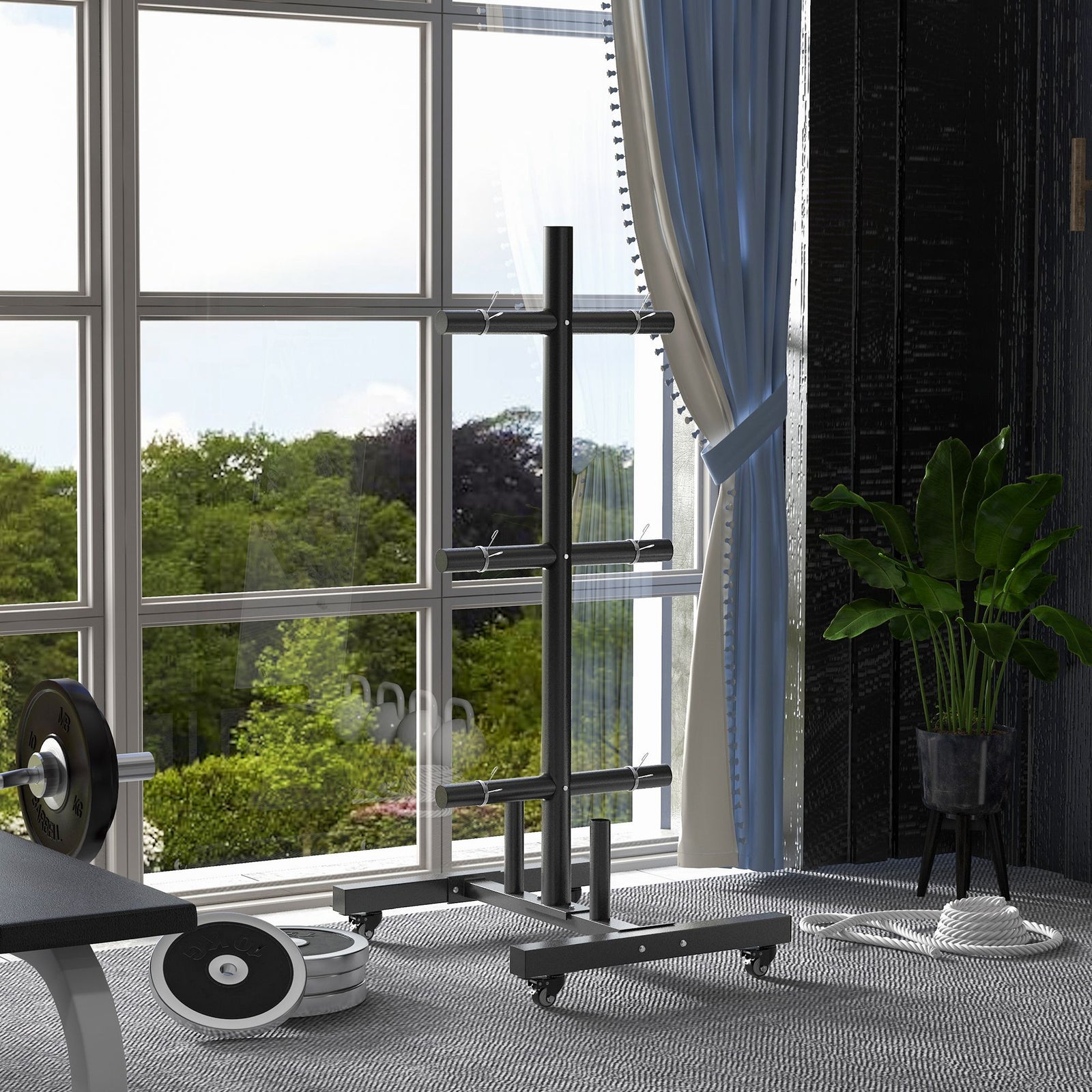 Olympic Weight Plate Rack With 4 Wheels And 6 Fasten Clamps | Black