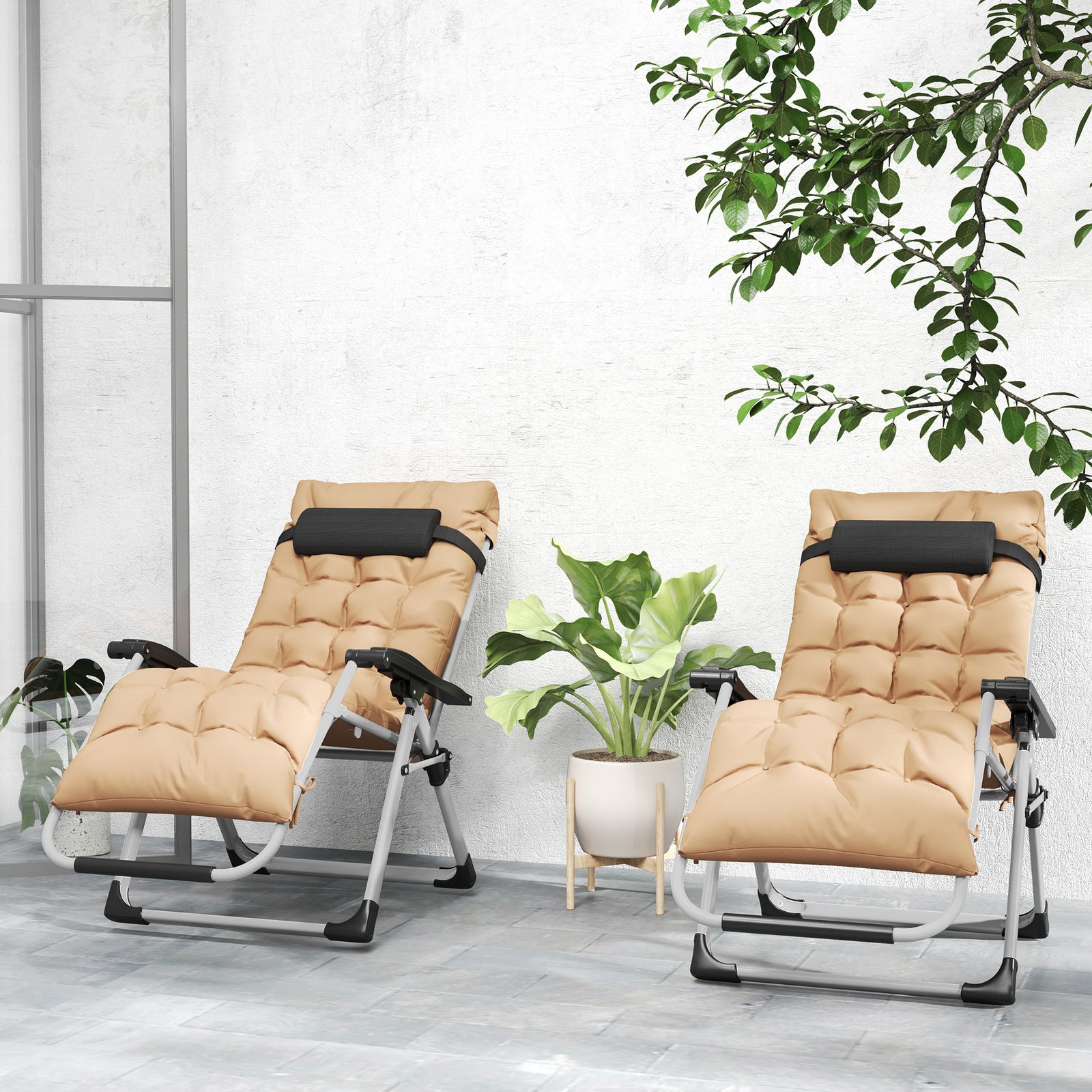2 Pcs Reclining Zero Gravity Chair Folding Lounger Cushion | Khaki