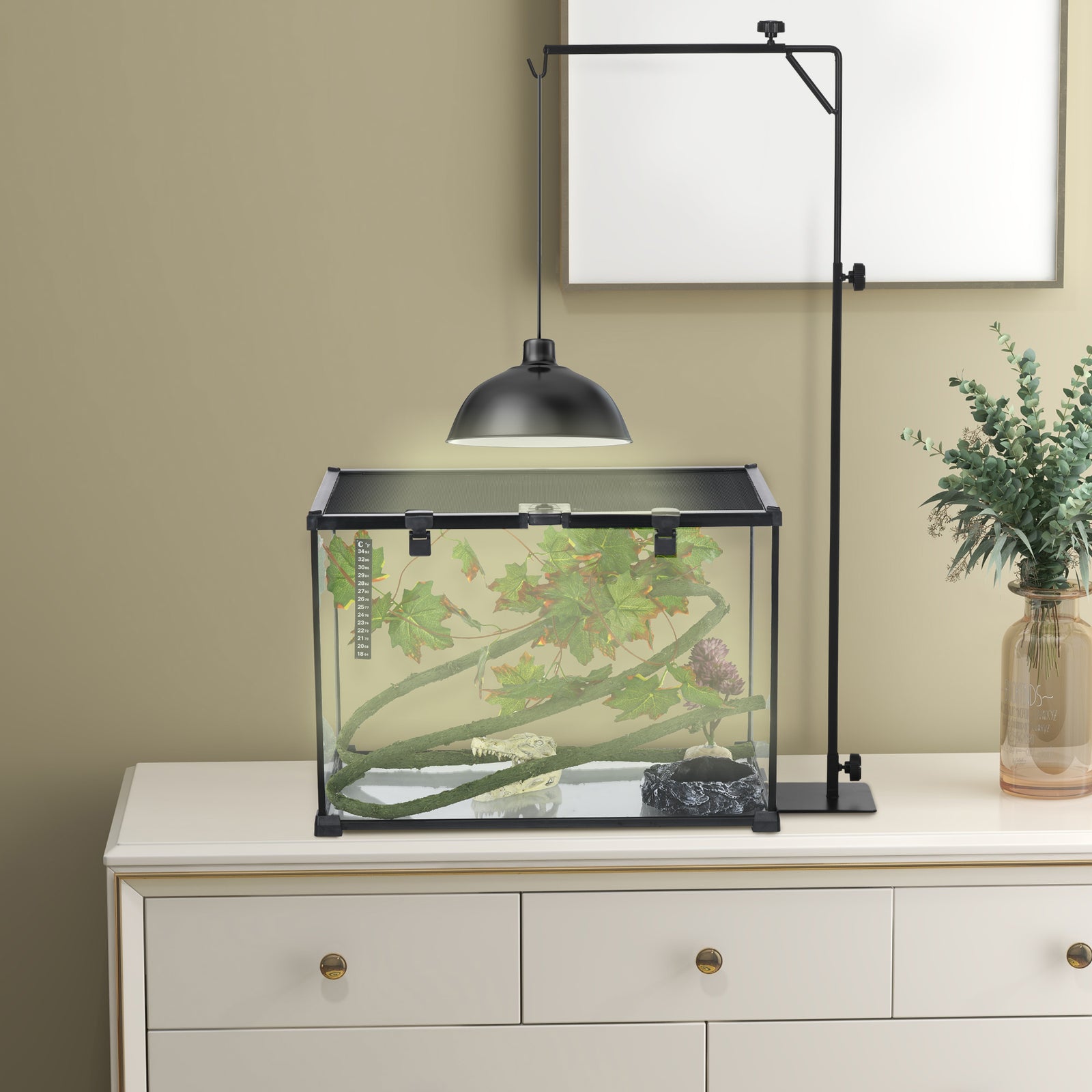 86-129hcm Pawhut Reptile Lamp Stand, Adjustable Lamp Holder W/ Base, Hook