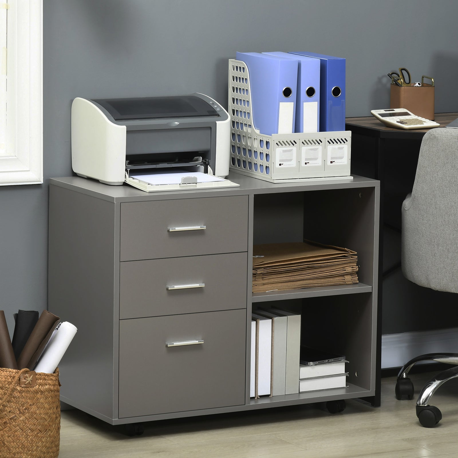 Freestanding Storage Cabinet W/ 3 Drawers 2 Shelves 4 Wheels | One Size | Gray