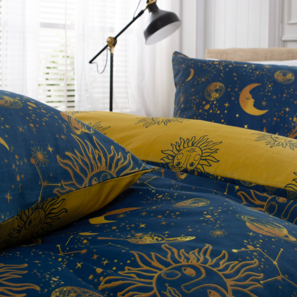 Sun, Moon And Stars Cotton Rich 200 Thread Count Reversible Duvet Cover Set | Single | Navy Blue