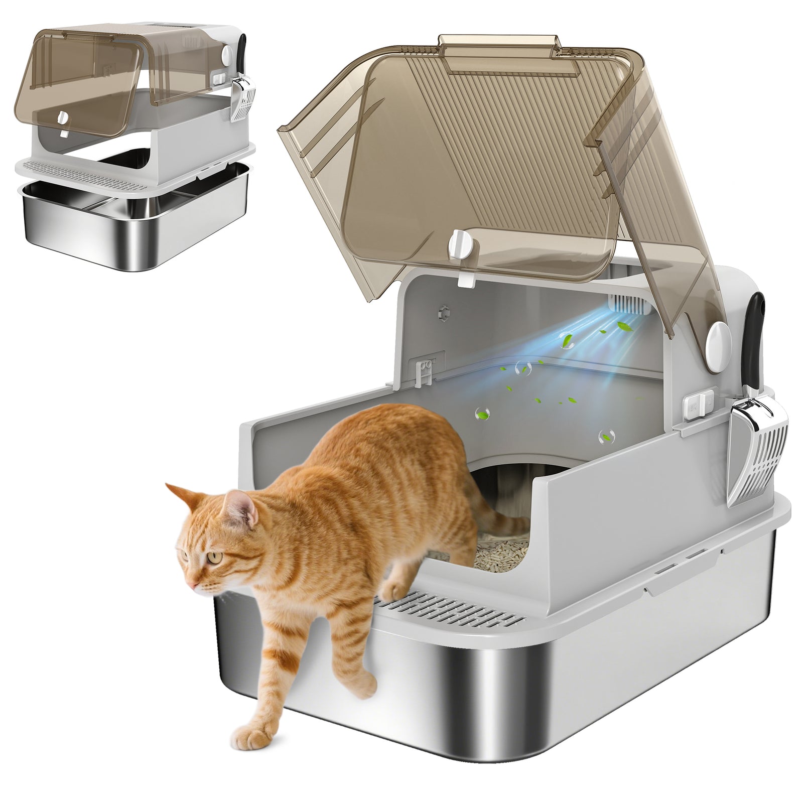 PawHut Xxl Stainless Steel Litter Tray, Enclosed Cat Litter Box W/ Cover