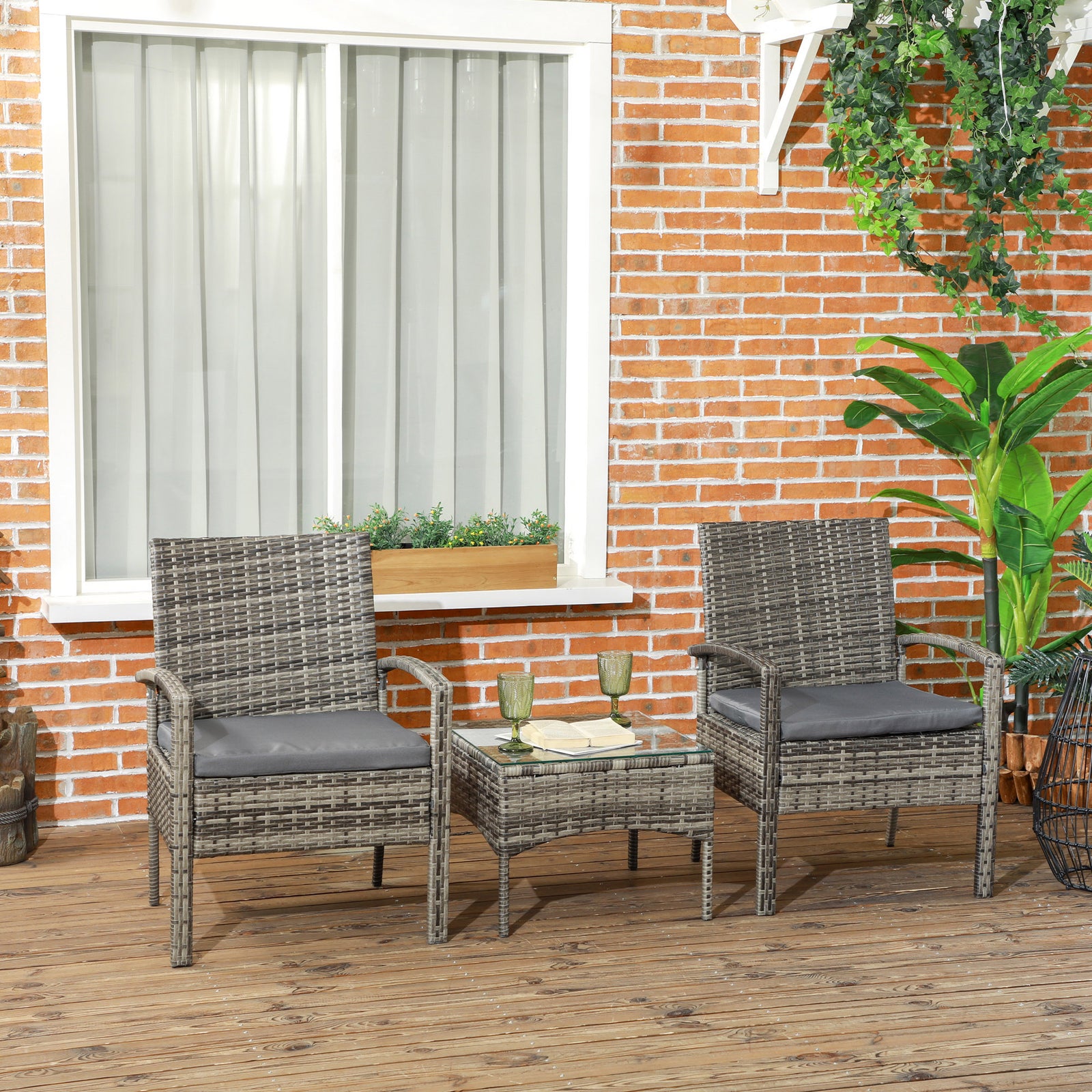 3pc Garden Rattan Bistro Set Dining Table 2 Seater Chair | Gray