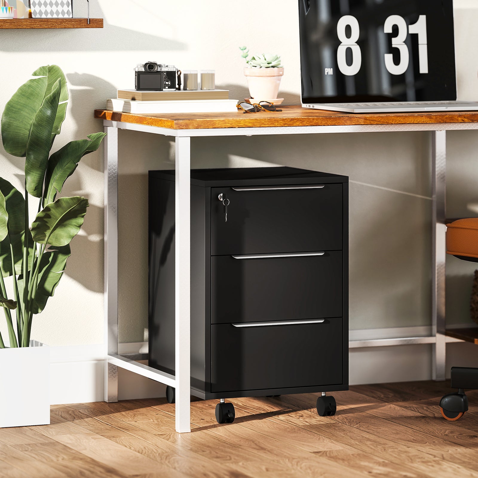 Modern 3-drawer Locking File Cabinet Mobile Filing Cabinet | Black