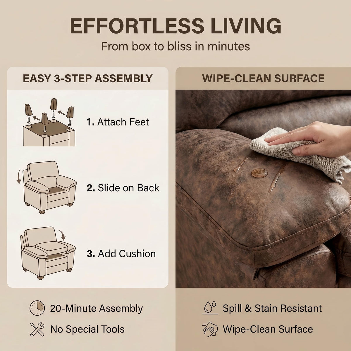 Oxford Faux Leather Sofa 1 Seater | Chocolate