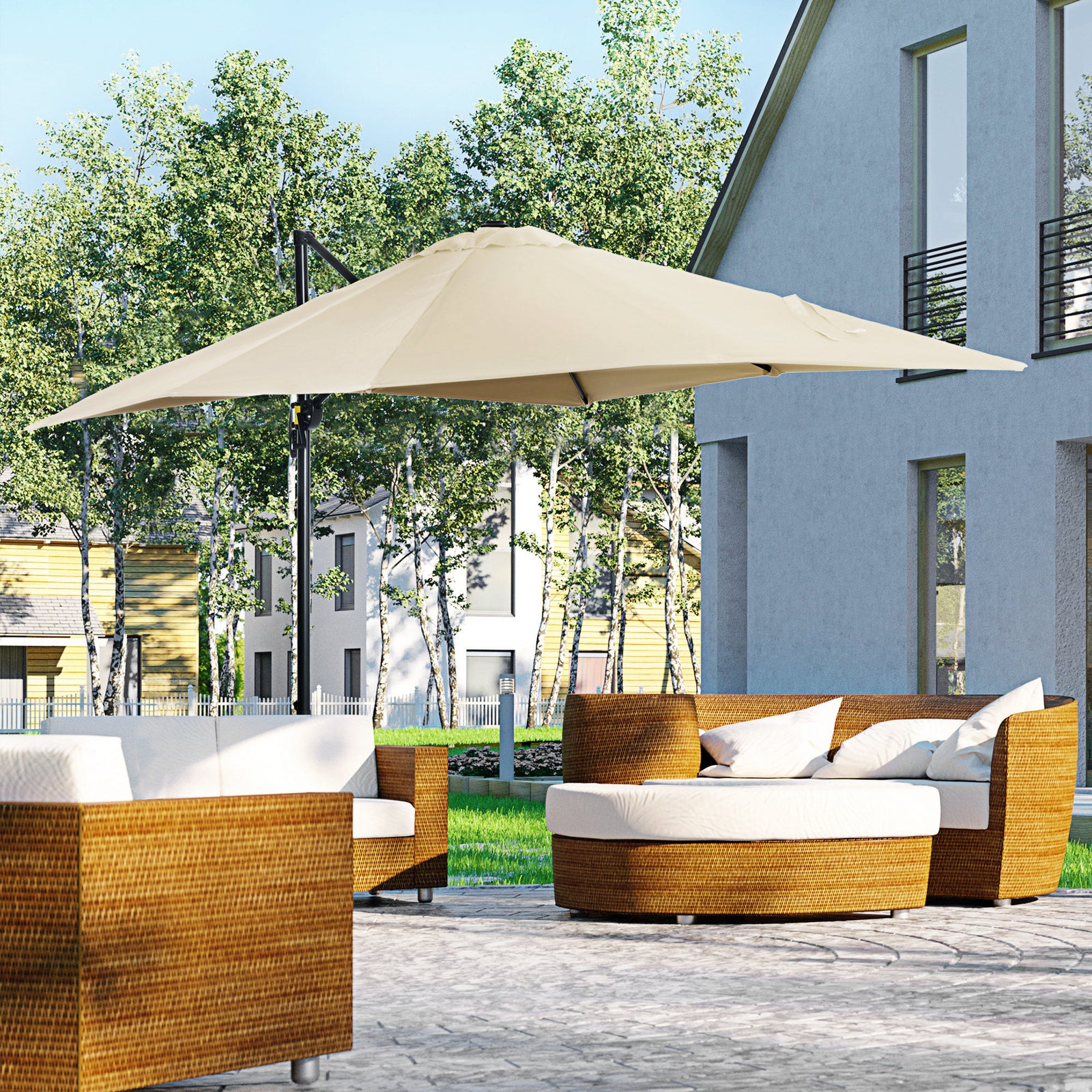 Square Cantilever Roma Parasol W/ 360° Crank & Base | Cream