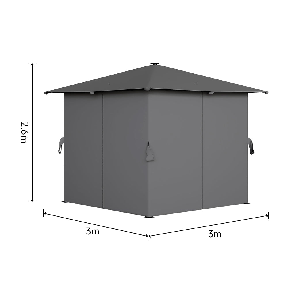 3x3m Heavy Duty Outdoor Gazebo With Lights And Curtains – Metal Frame & Pa-coated Polyester Canopy Sun Shade Shelter，2.6m Height,dark Grey