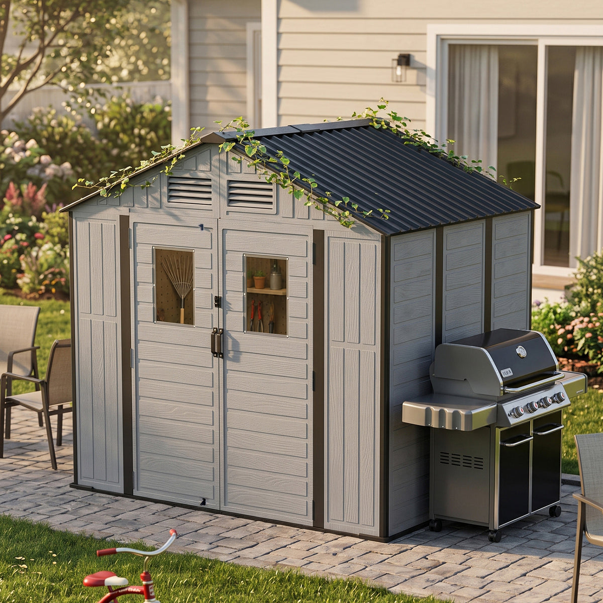 Breeins 8x6ft Plastic Garden Storage Shed With Secure Lockable Door