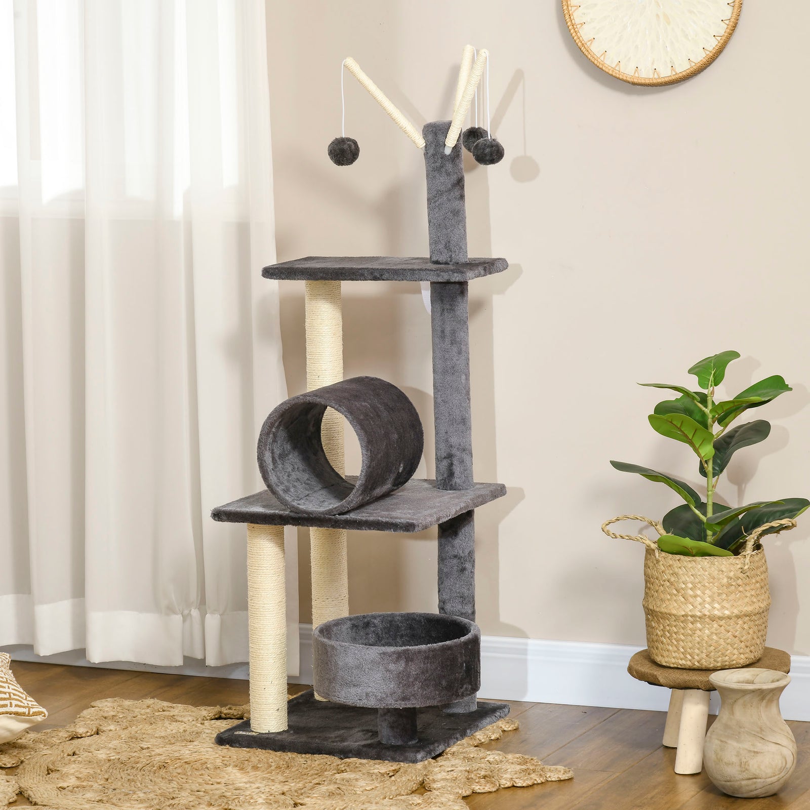 121cm Cat Tree Tower W/sisal Scratching Posts Bed Tunnel Perch | Dark Gray