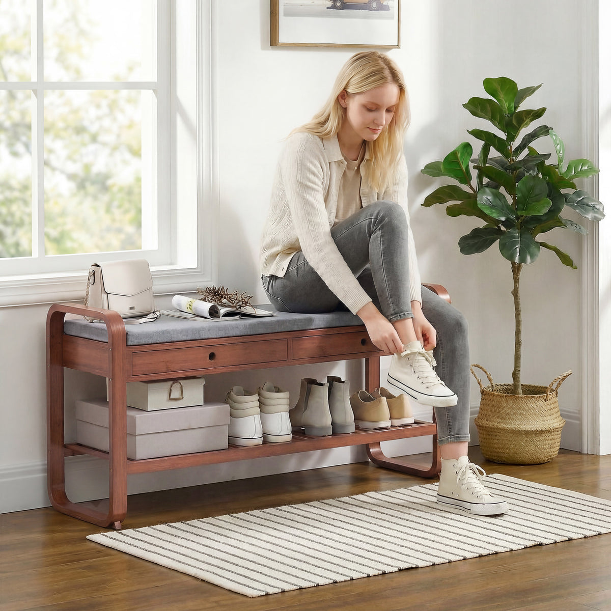 Shoe Bench With 2 Drawers Cushioned Seat 105cm | Dark Brown