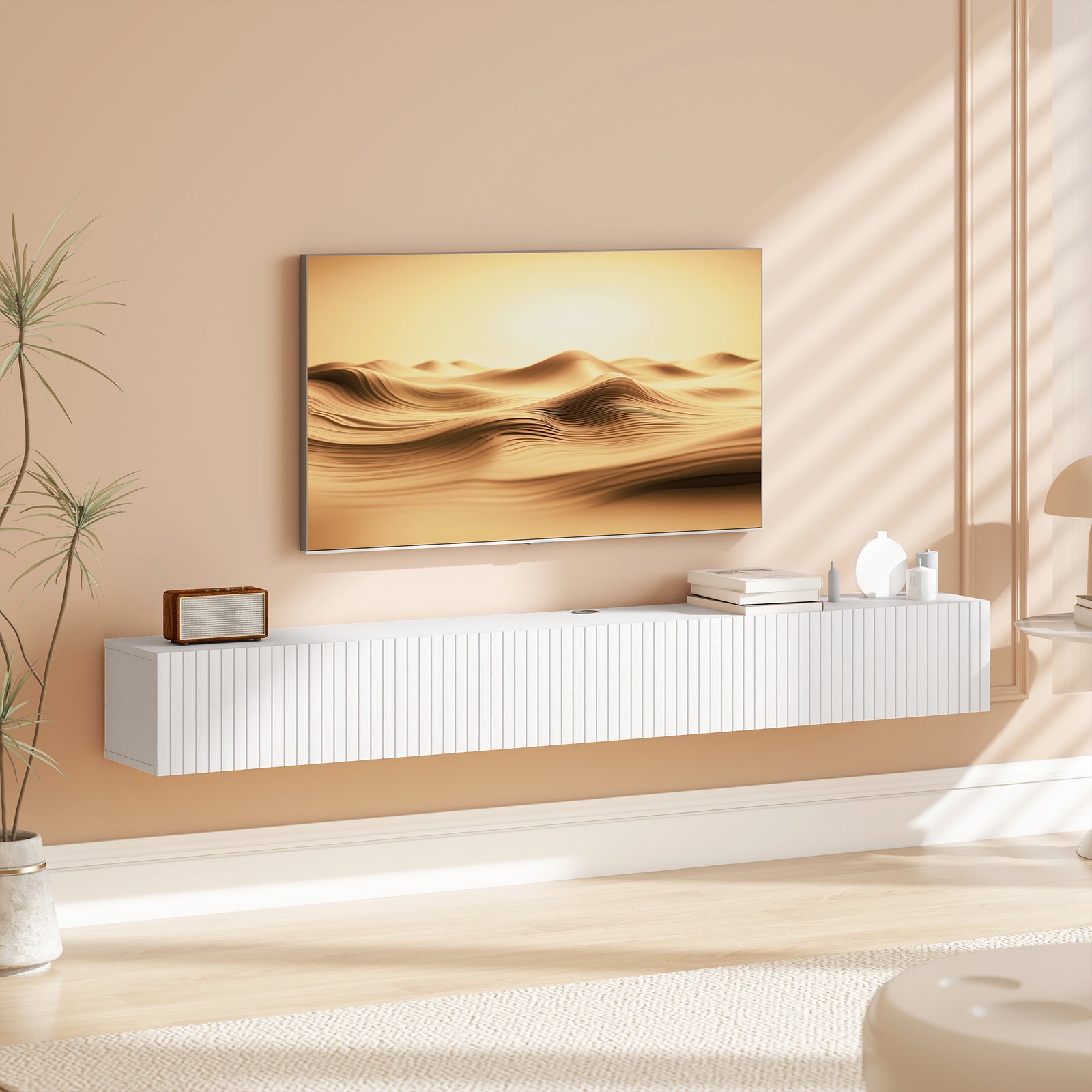 Wall Mount Tv Stand Cabinet With Fluted Flip-down Doors | White